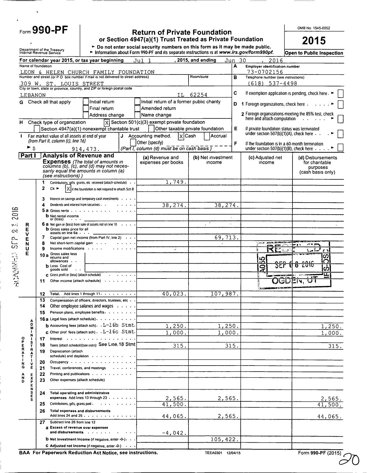 Image of first page of 2015 Form 990PF for Leon and Helen Church Family Foundation