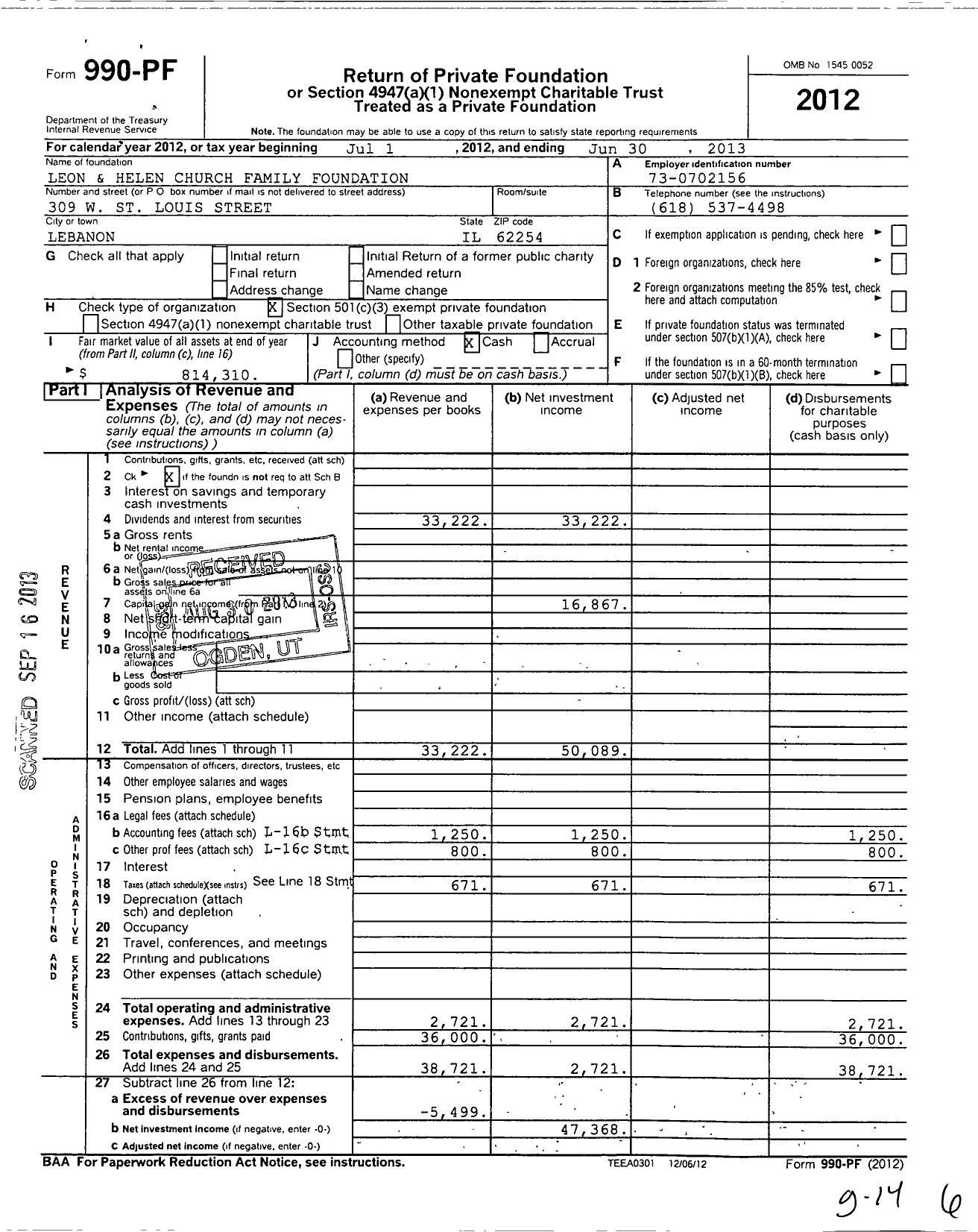 Image of first page of 2012 Form 990PF for Leon and Helen Church Family Foundation