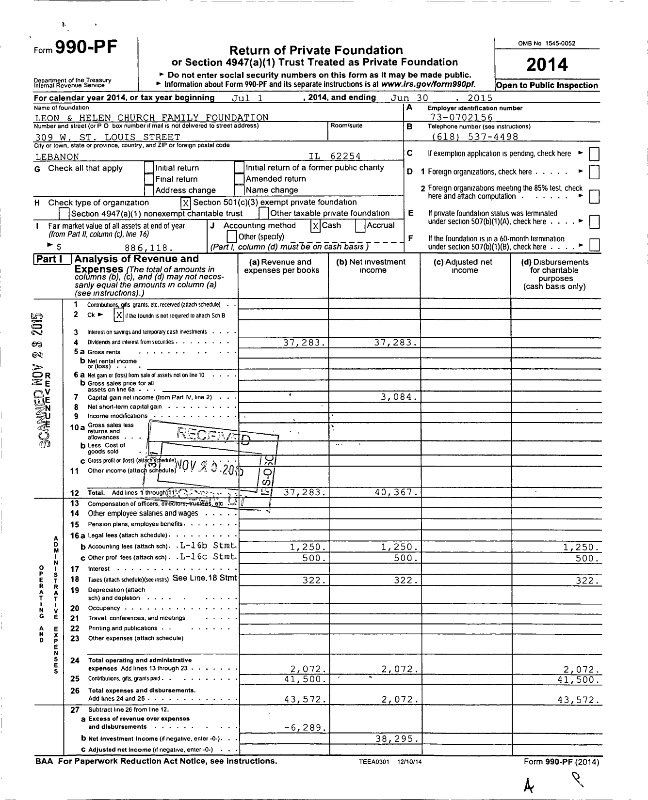 Image of first page of 2014 Form 990PF for Leon and Helen Church Family Foundation