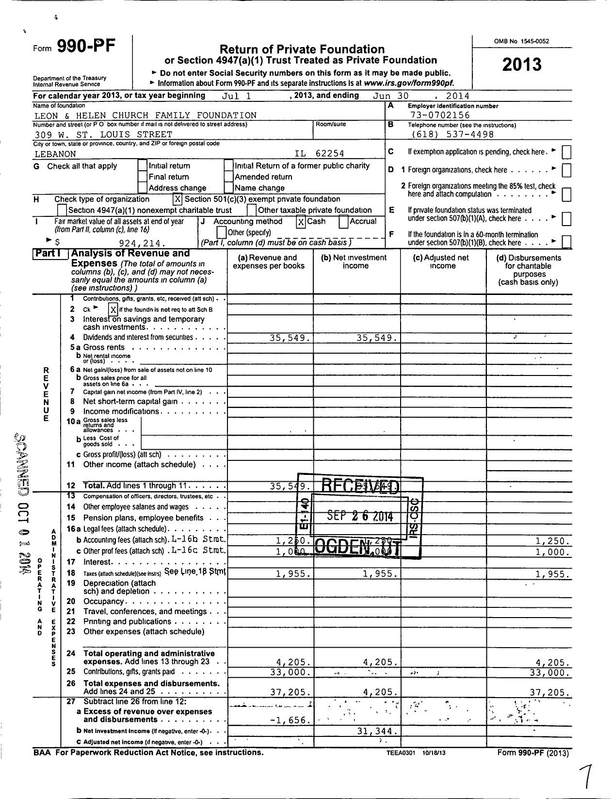 Image of first page of 2013 Form 990PF for Leon and Helen Church Family Foundation