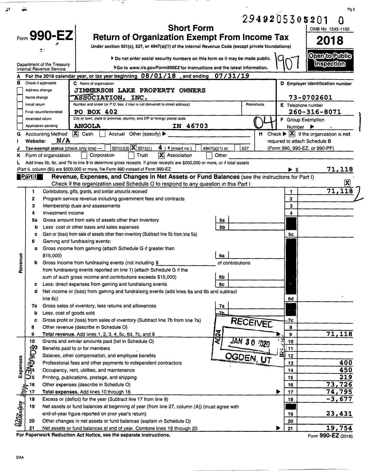 Image of first page of 2018 Form 990EO for Jimmerson Lake Property Owners Association