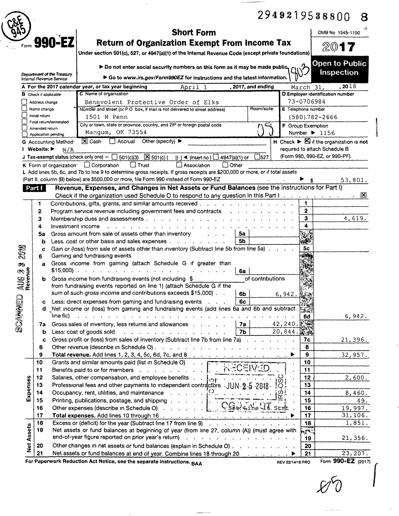 Image of first page of 2017 Form 990EO for Benevolent and Protective Order of Elks - 1169 Mangum