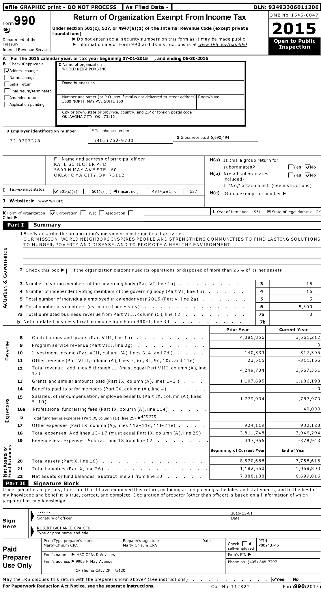 Image of first page of 2015 Form 990 for World Neighbors