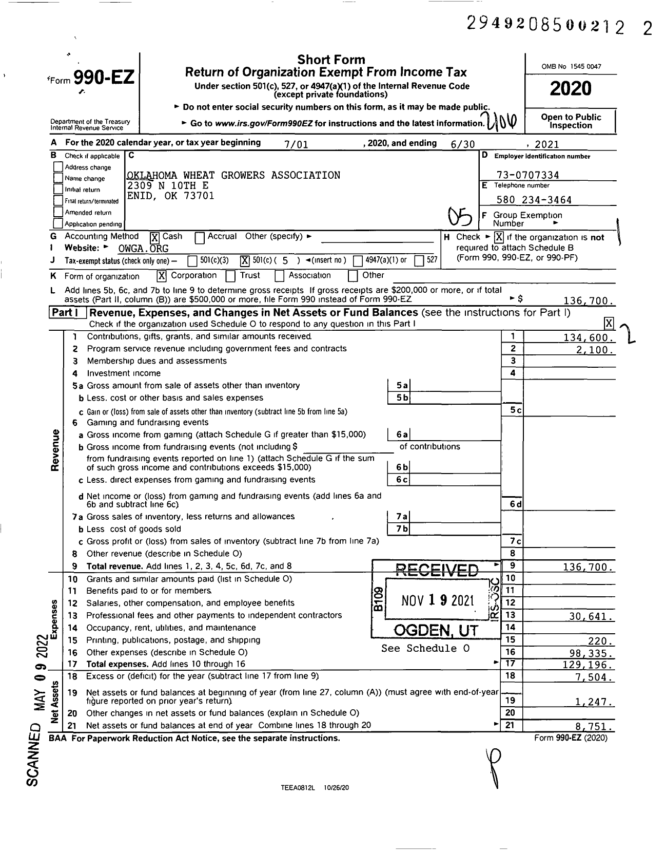 Image of first page of 2020 Form 990EO for Oklahoma Wheat Growers Association