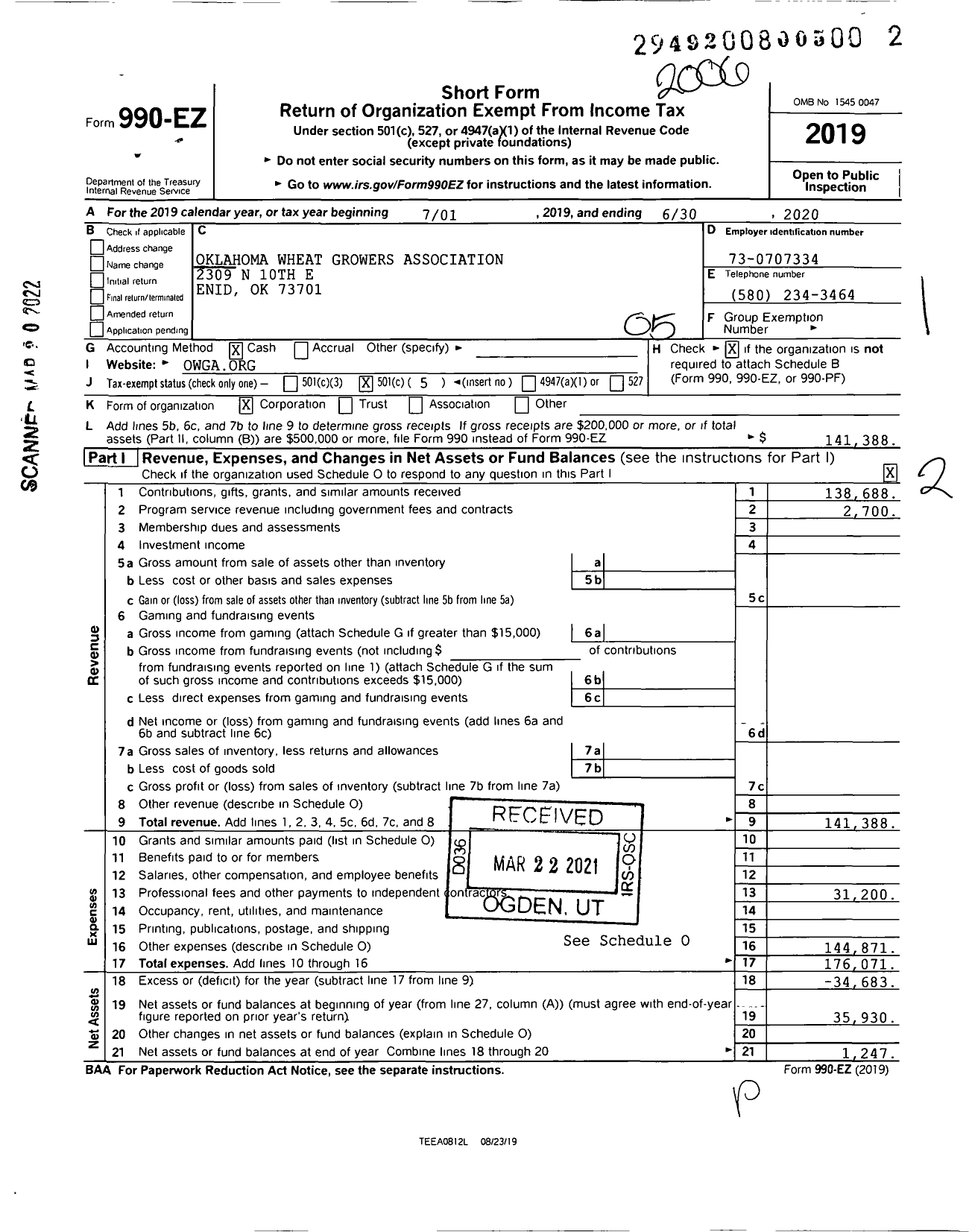 Image of first page of 2019 Form 990EO for Oklahoma Wheat Growers Association