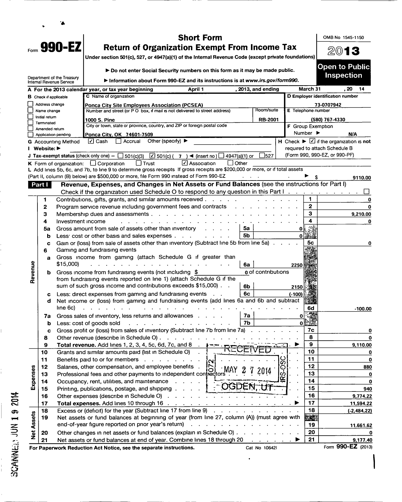 Image of first page of 2013 Form 990EO for Ponca City Site Employees Association