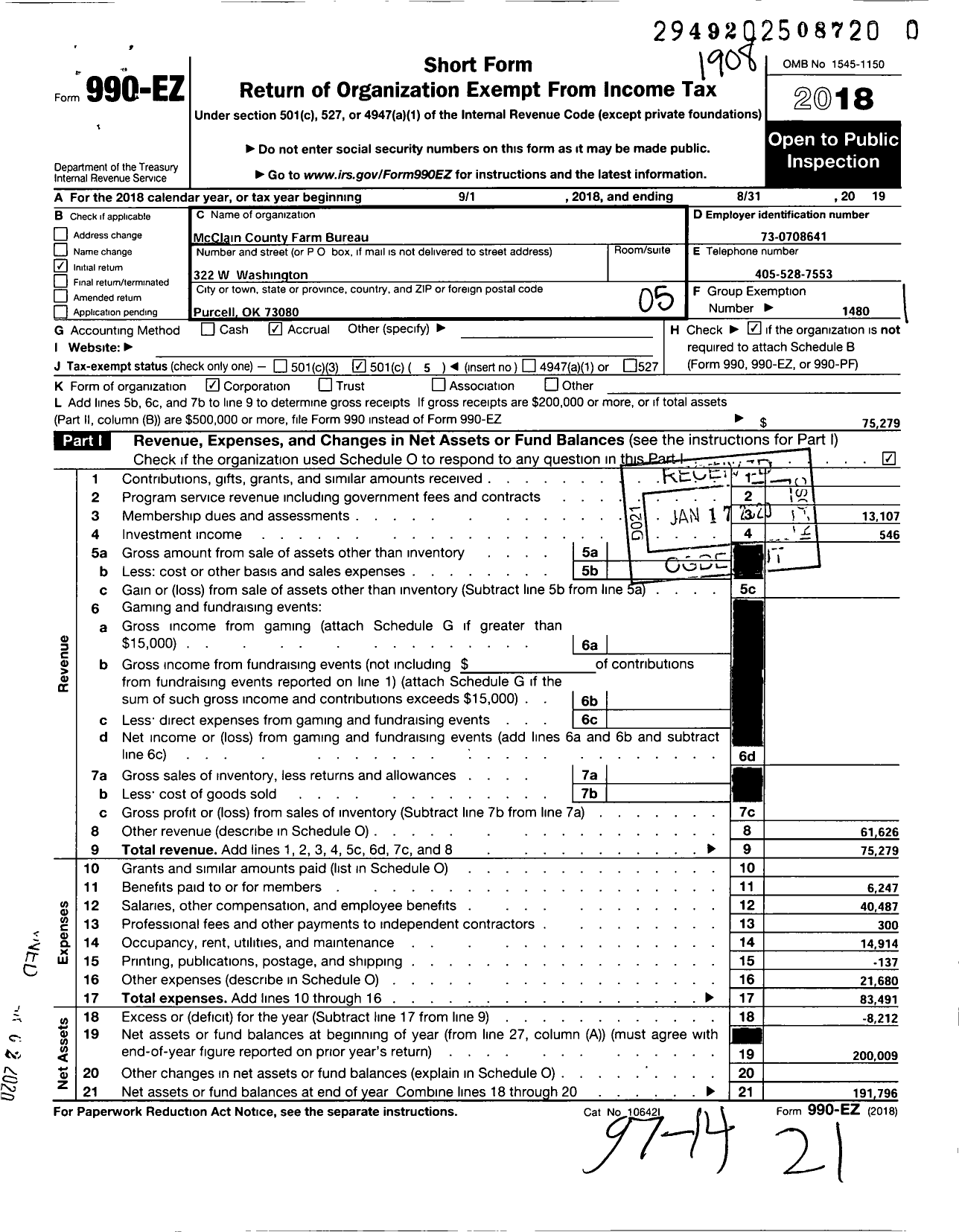 Image of first page of 2018 Form 990EO for Oklahoma Farm Bureau - McClain County