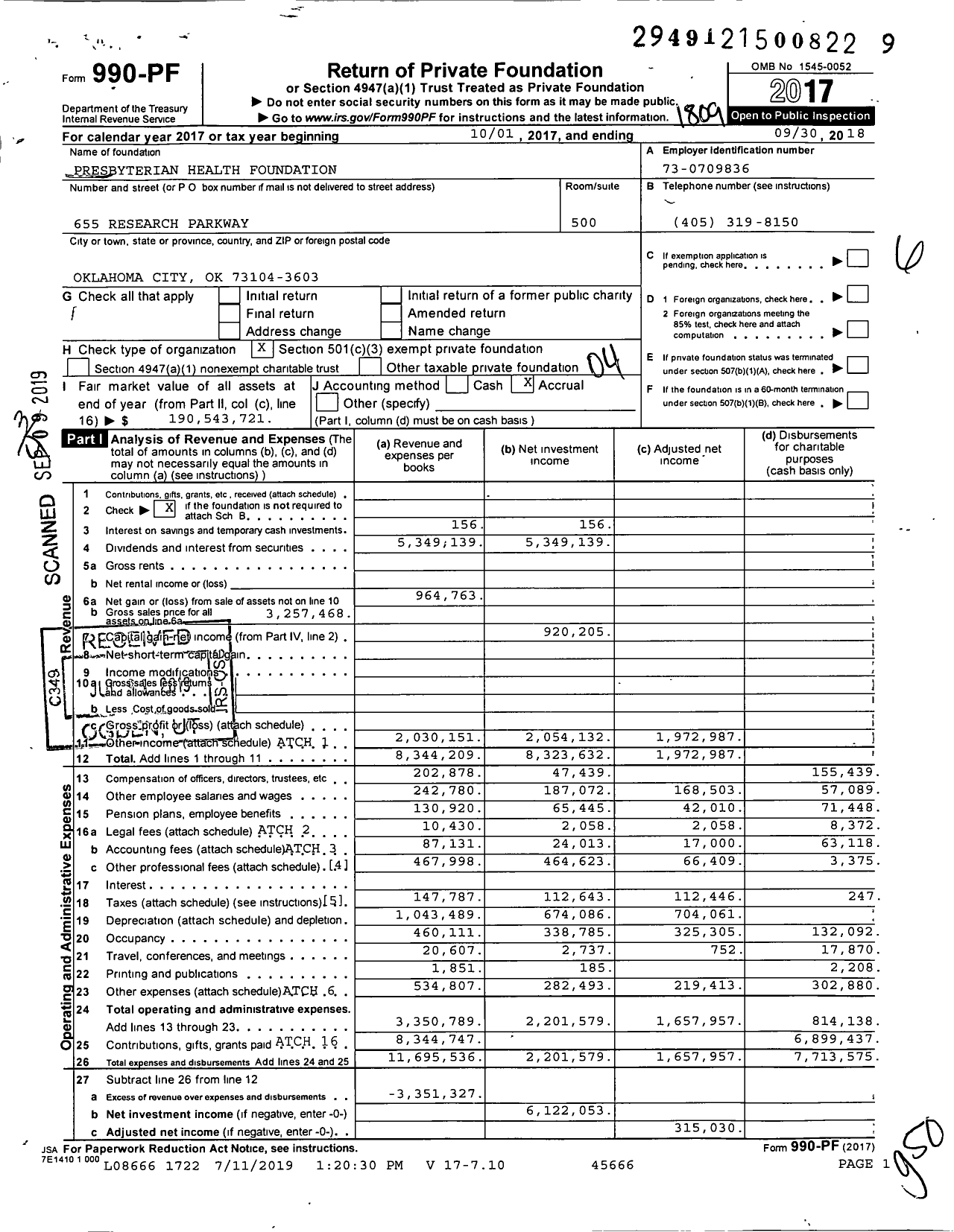Image of first page of 2017 Form 990PF for Presbyterian Health Foundation (PHF)