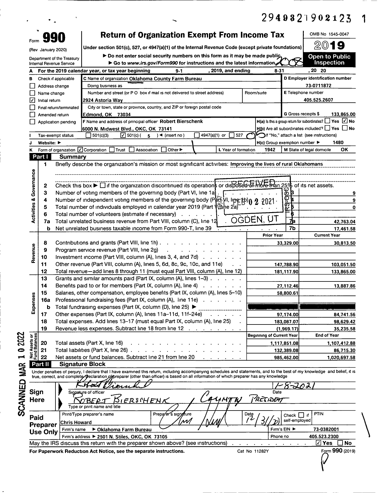 Image of first page of 2019 Form 990O for Oklahoma Farm Bureau - Oklahoma County