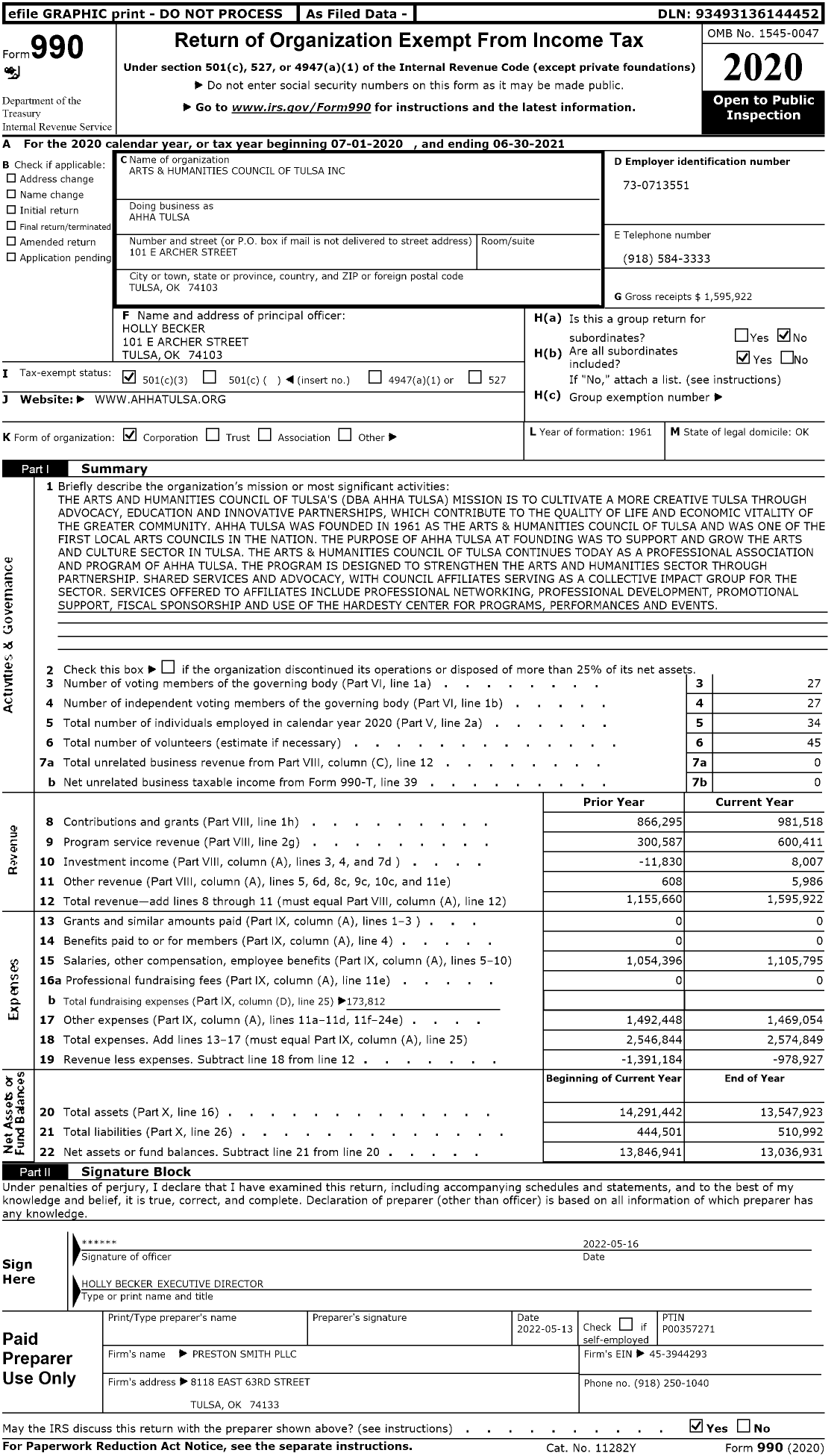 Image of first page of 2020 Form 990 for Ahha Tulsa (AHCT)