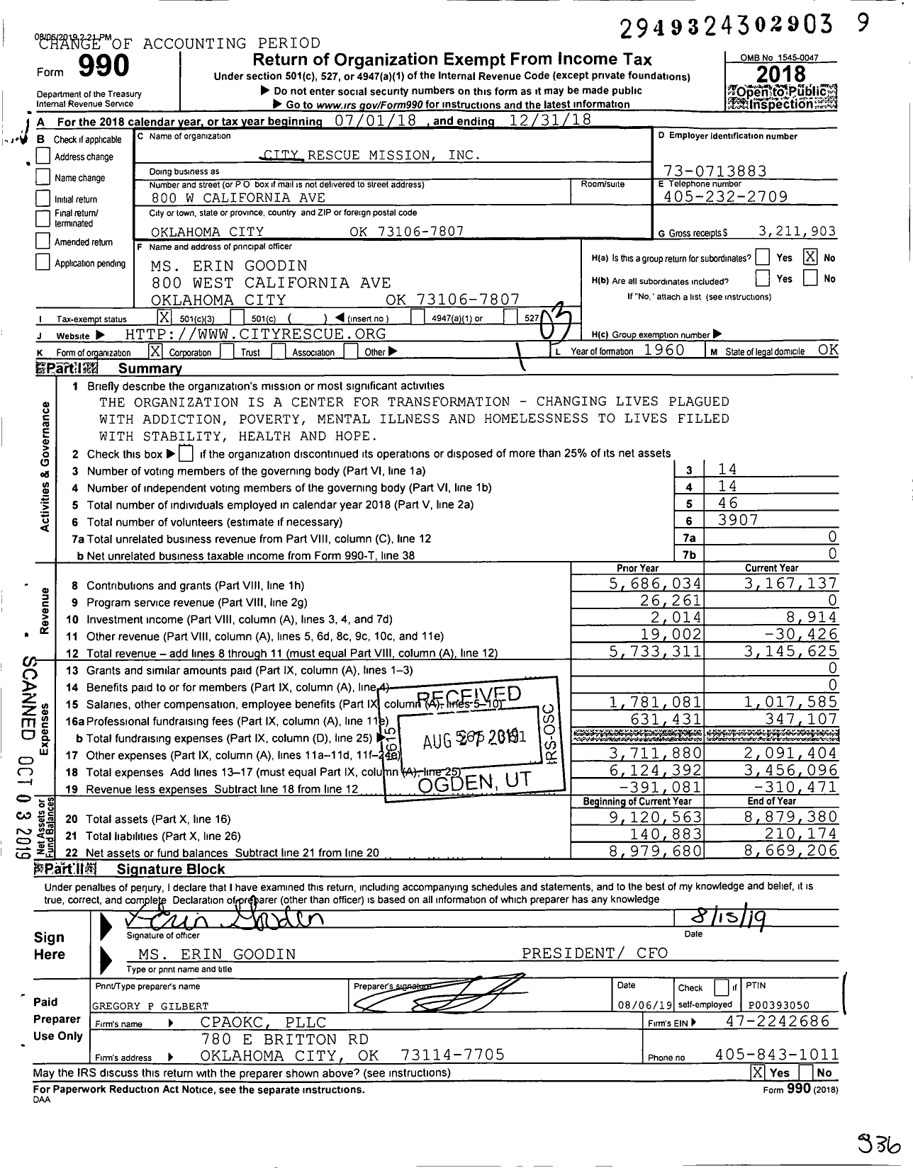 Image of first page of 2018 Form 990 for City Rescue Mission