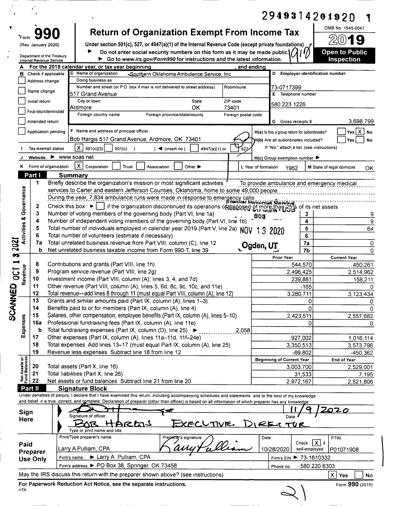 Image of first page of 2019 Form 990 for Southern Oklahoma Ambulance Service