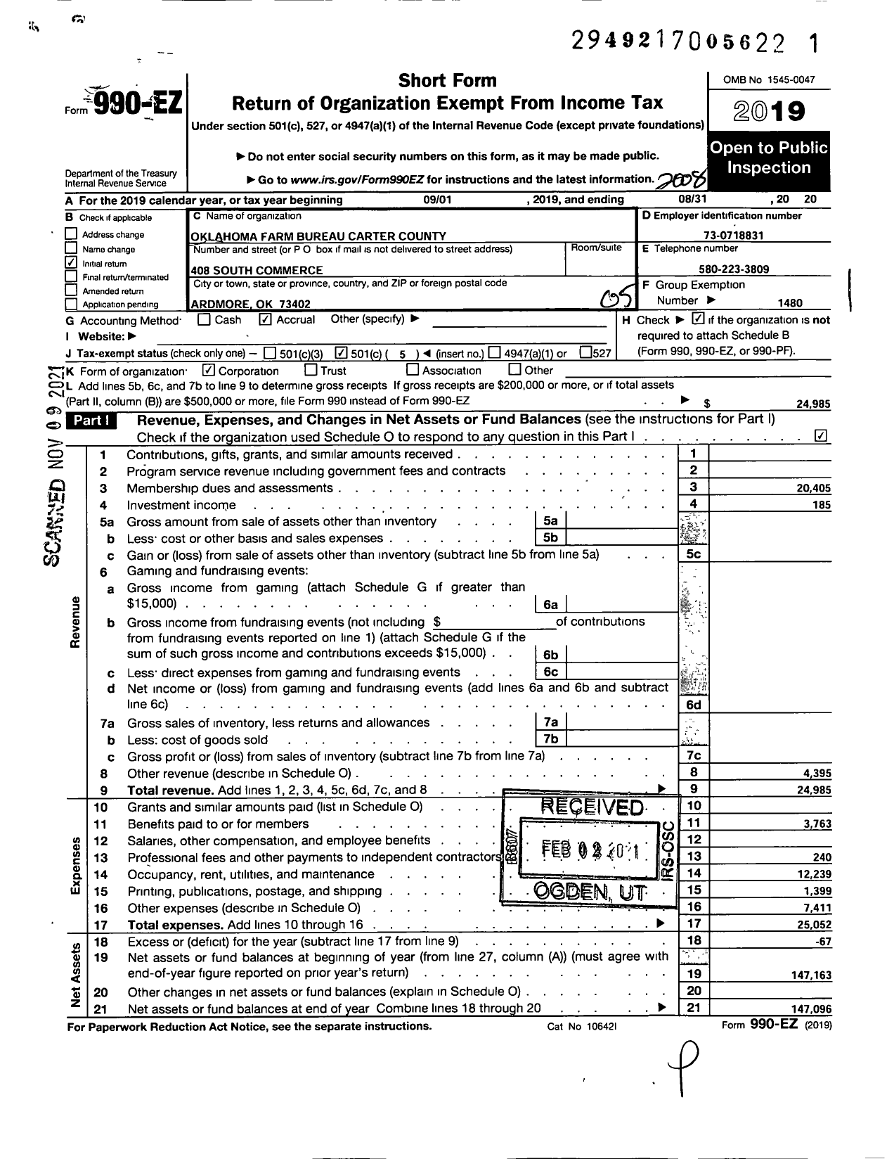 Image of first page of 2019 Form 990EO for Oklahoma Farm Bureau - Carter County Farm Bureau