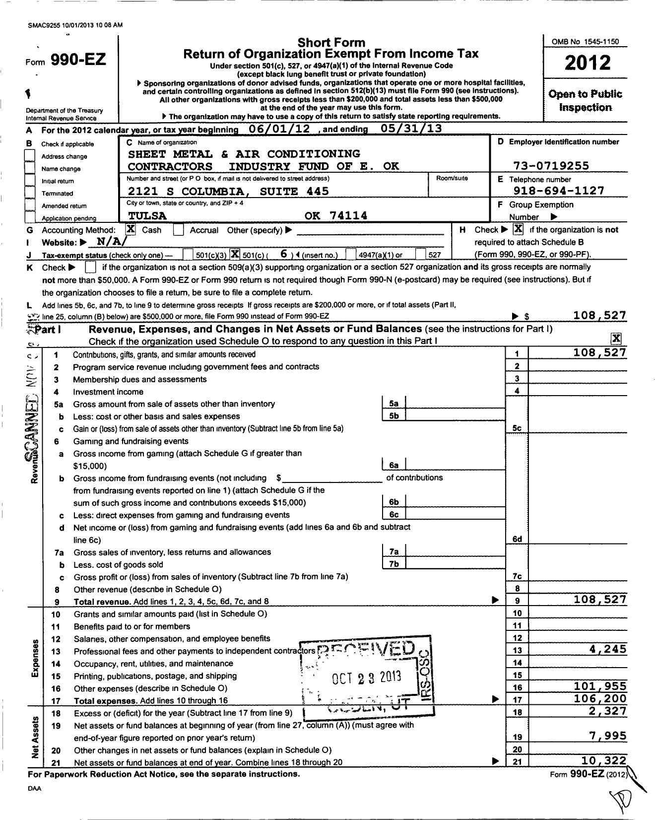 Image of first page of 2012 Form 990EO for Sheet Metal and Air Conditioning Contractors Industry Fund of E Ok