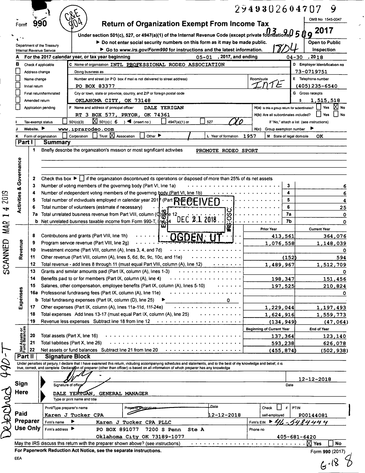 Image of first page of 2017 Form 990O for International Professional Rodeo Association (IPRA)
