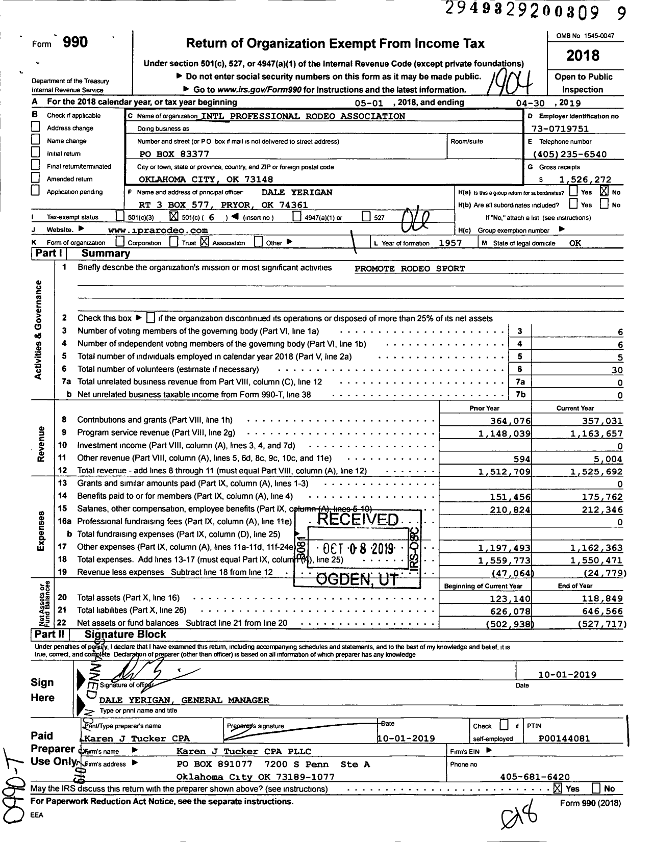 Image of first page of 2018 Form 990O for International Professional Rodeo Association (IPRA)
