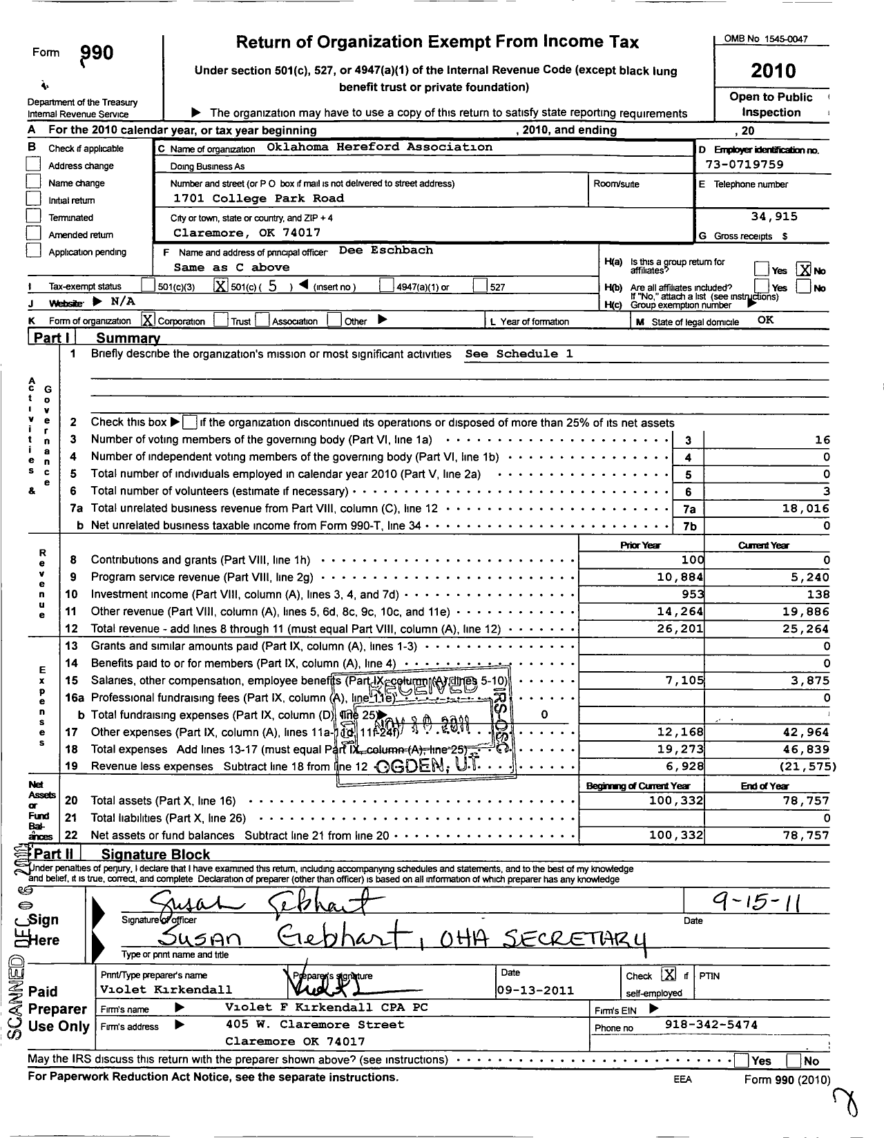 Image of first page of 2010 Form 990O for Oklahoma Hereford Association