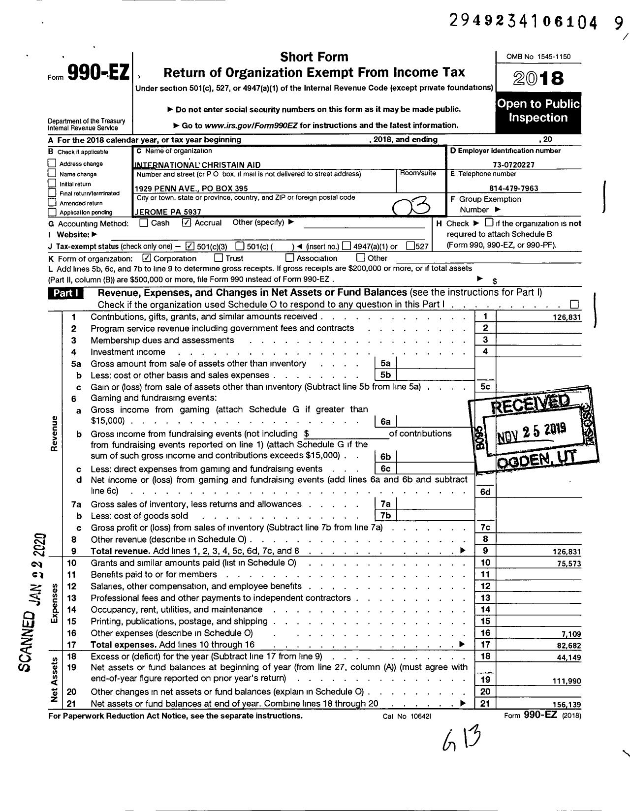 Image of first page of 2018 Form 990EZ for International Christian Aid