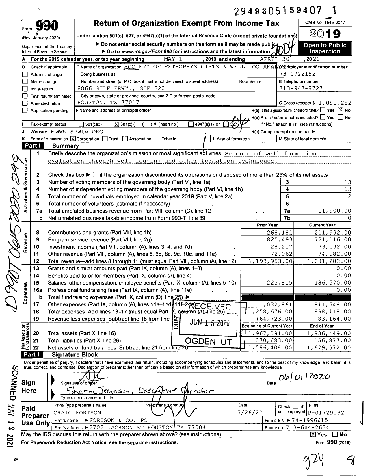 Image of first page of 2019 Form 990O for Society of Petrophysicists and Well Log Analysts / Spwla (SPWLA)