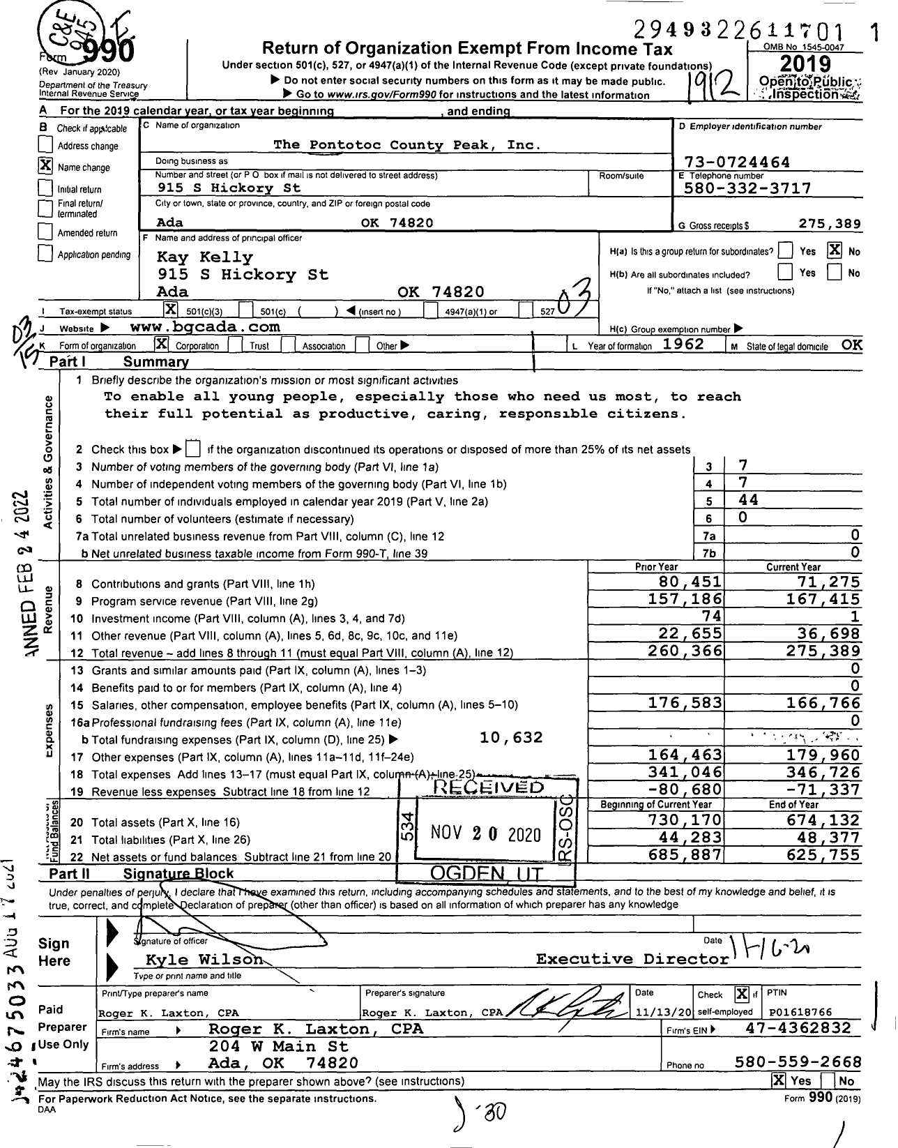 Image of first page of 2019 Form 990 for The Pontotoc County Peak