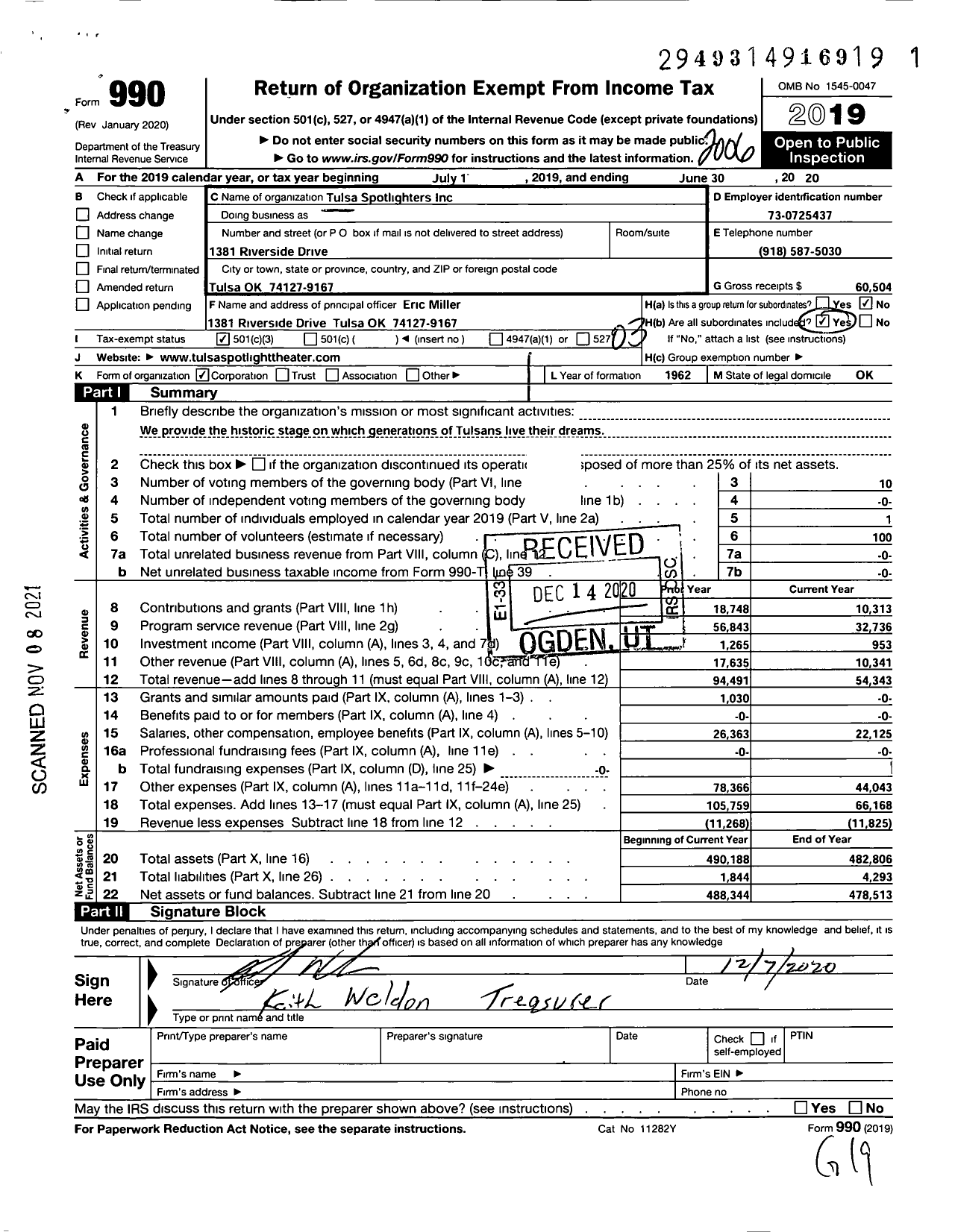 Image of first page of 2019 Form 990 for Tulsa Spotlighters