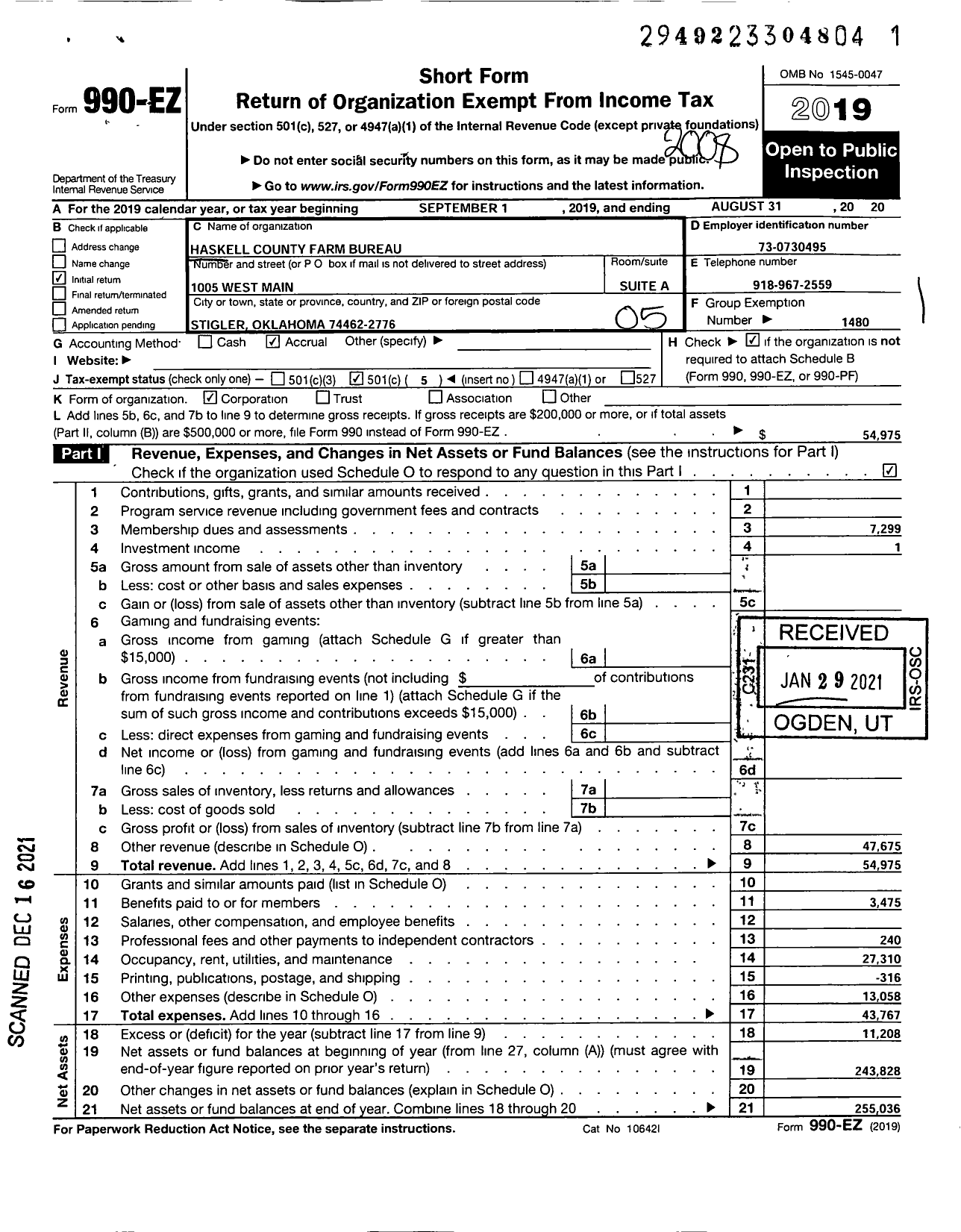 Image of first page of 2019 Form 990EO for Oklahoma Farm Bureau - Haskell County