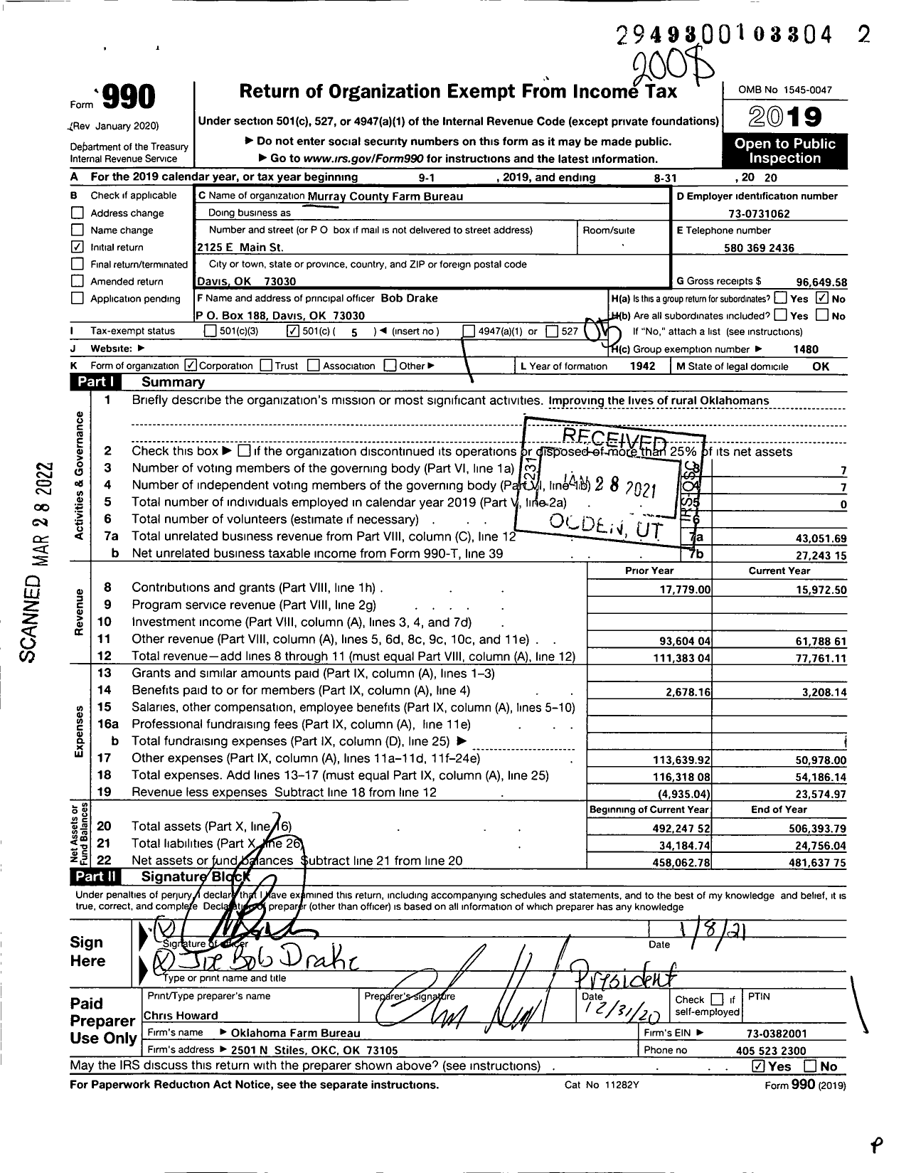 Image of first page of 2019 Form 990O for Oklahoma Farm Bureau - Murray County