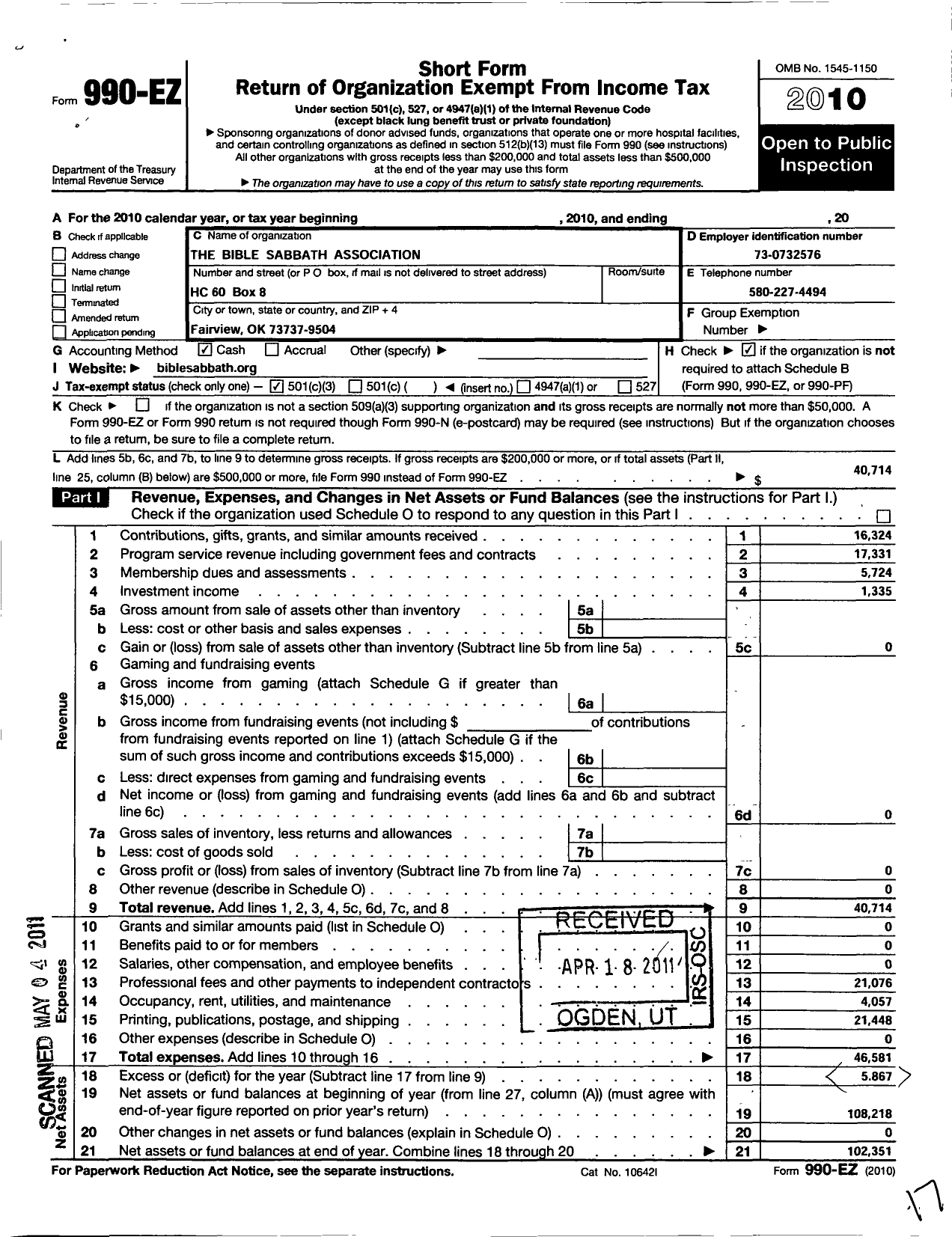 Image of first page of 2010 Form 990EZ for Bible Sabbath Association