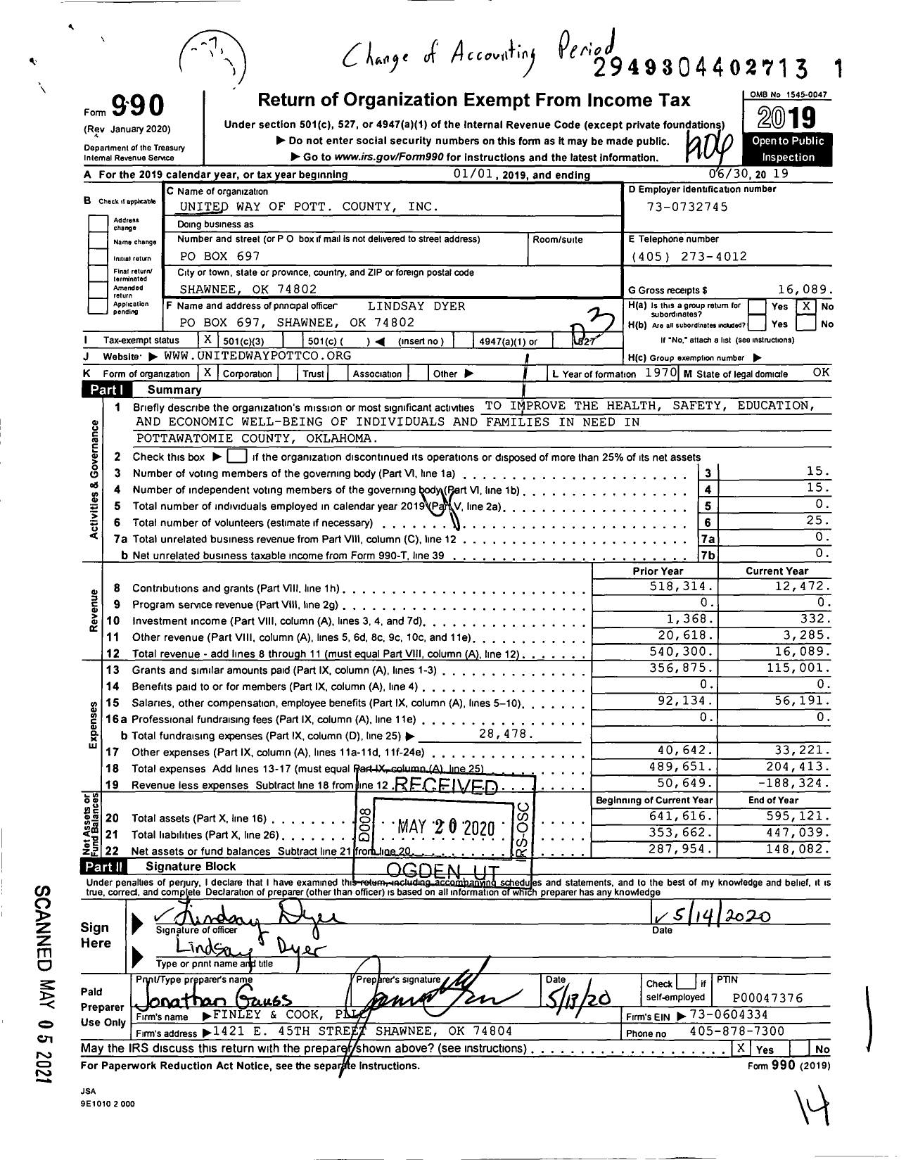 Image of first page of 2018 Form 990 for United Way of Pott County
