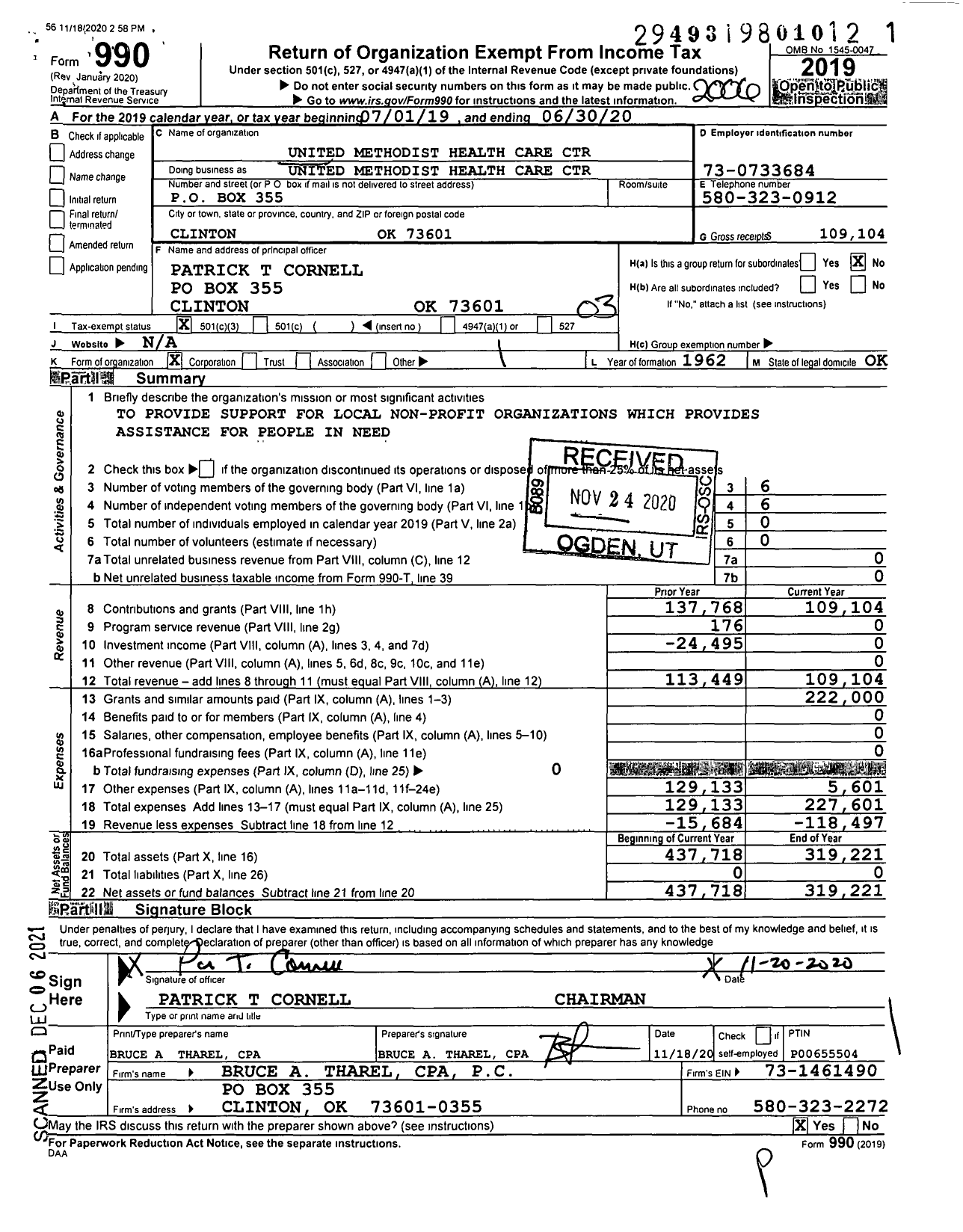 Image of first page of 2019 Form 990 for United Methodist Health Care Center