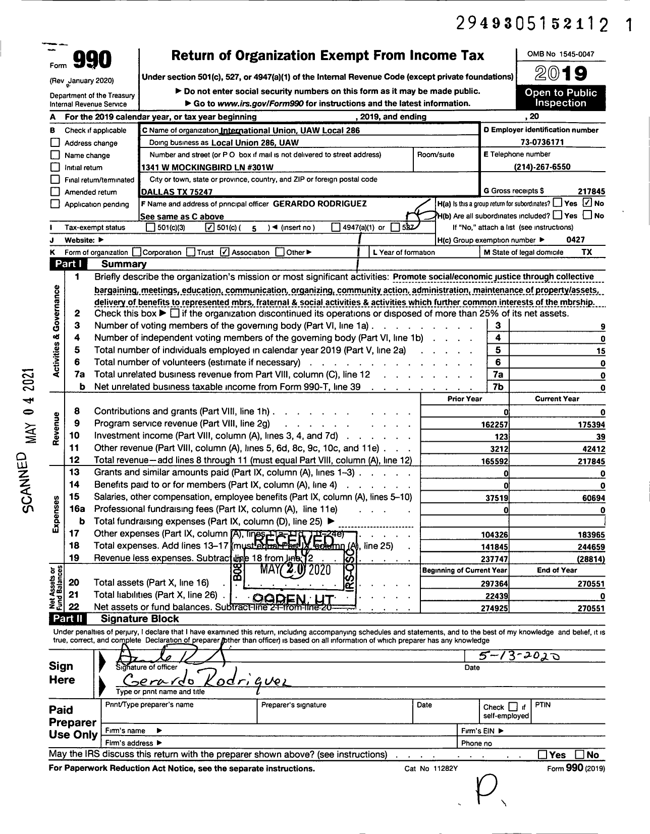 Image of first page of 2019 Form 990O for UAW - Local Union 286 UAW