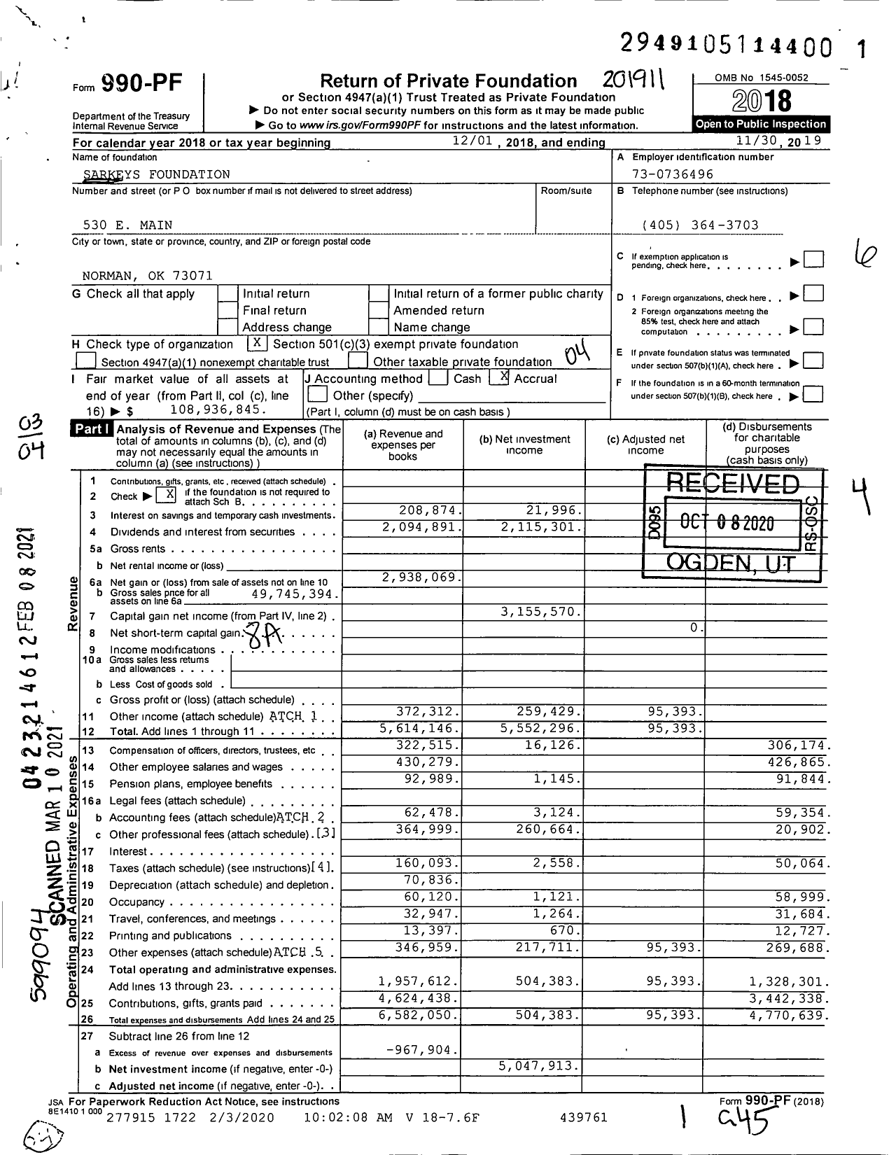 Image of first page of 2018 Form 990PF for Sarkeys Foundation