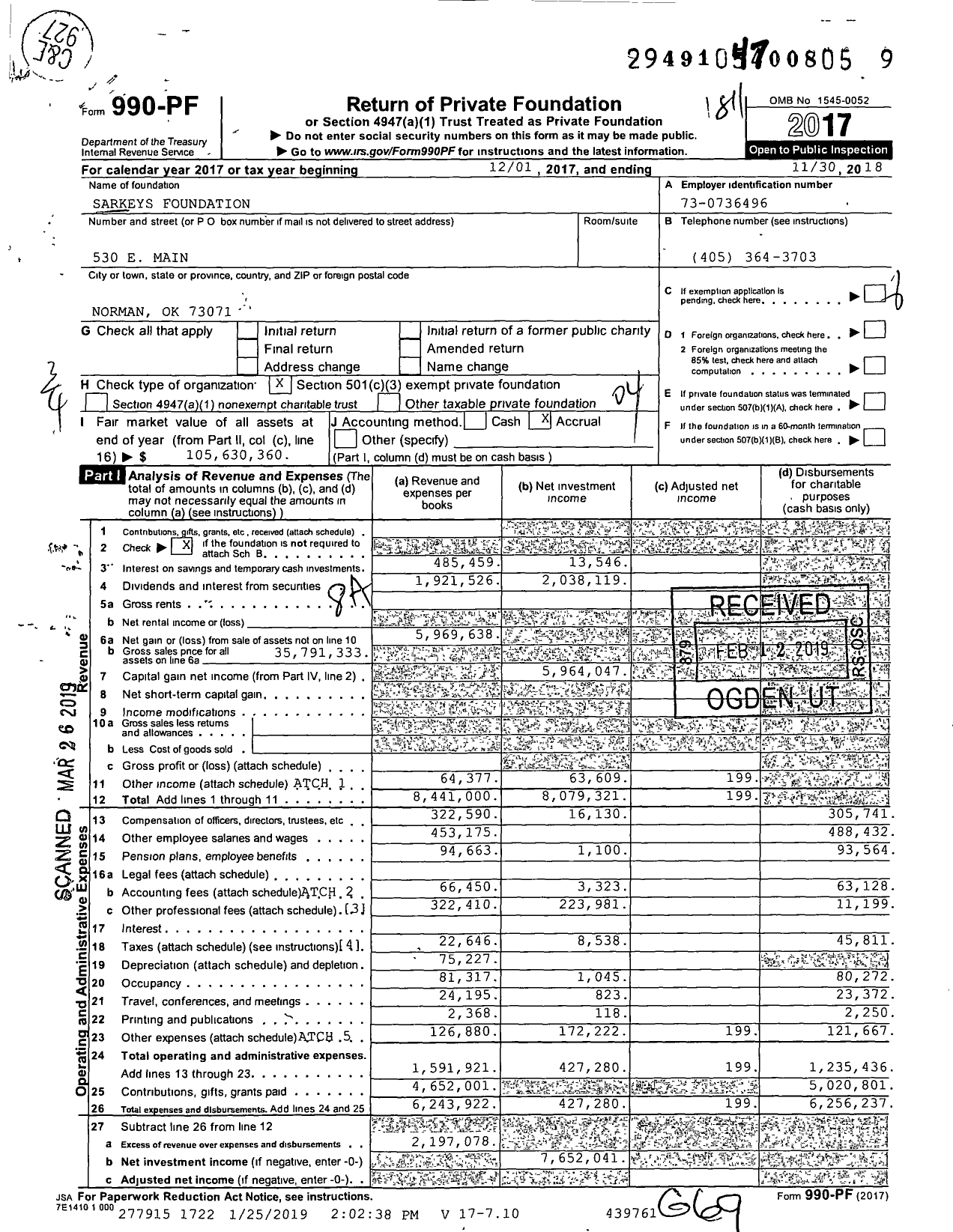 Image of first page of 2017 Form 990PF for Sarkeys Foundation
