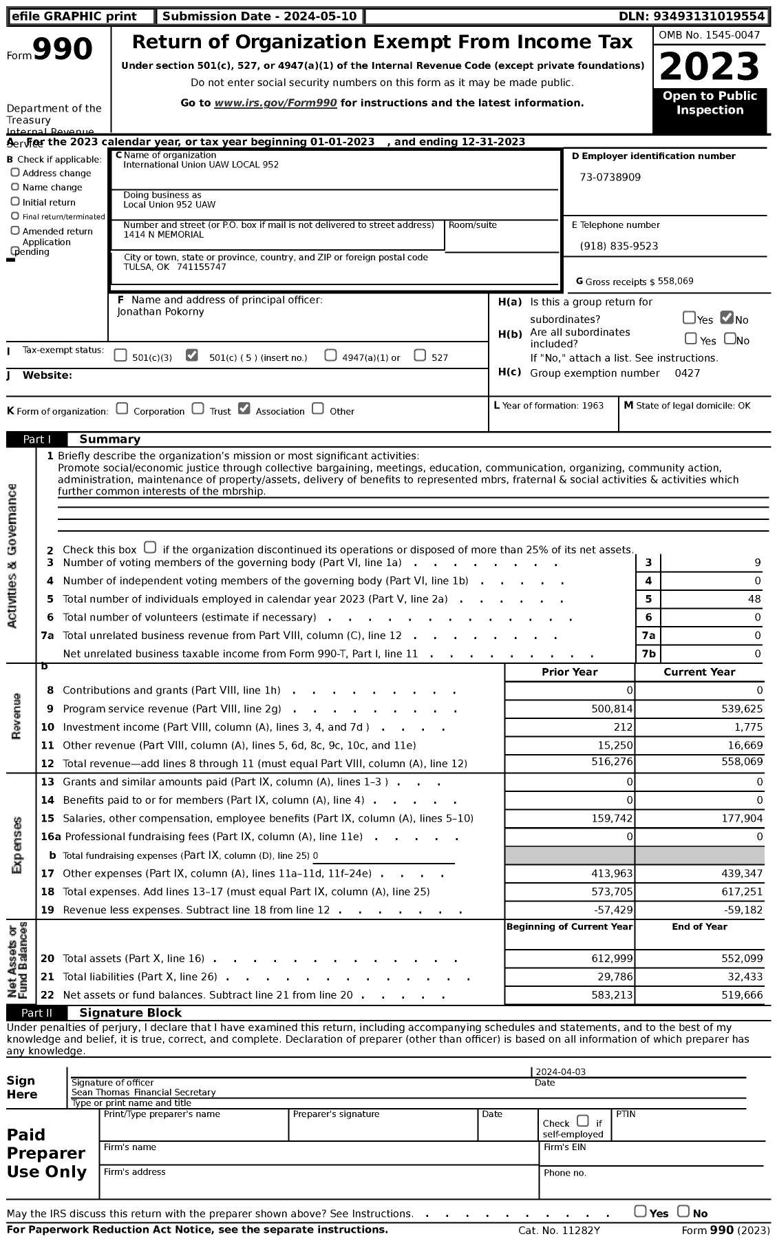 Image of first page of 2023 Form 990 for UAW - Local Union 952 UAW