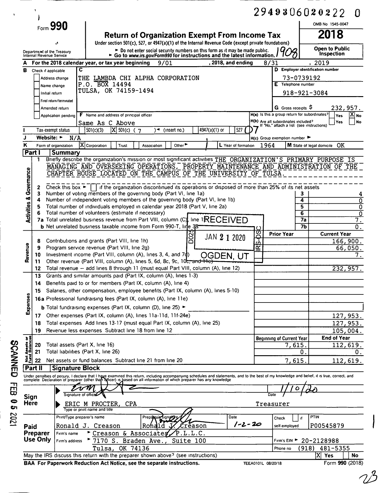 Image of first page of 2018 Form 990O for The Lambda Chi Alpha Corporation