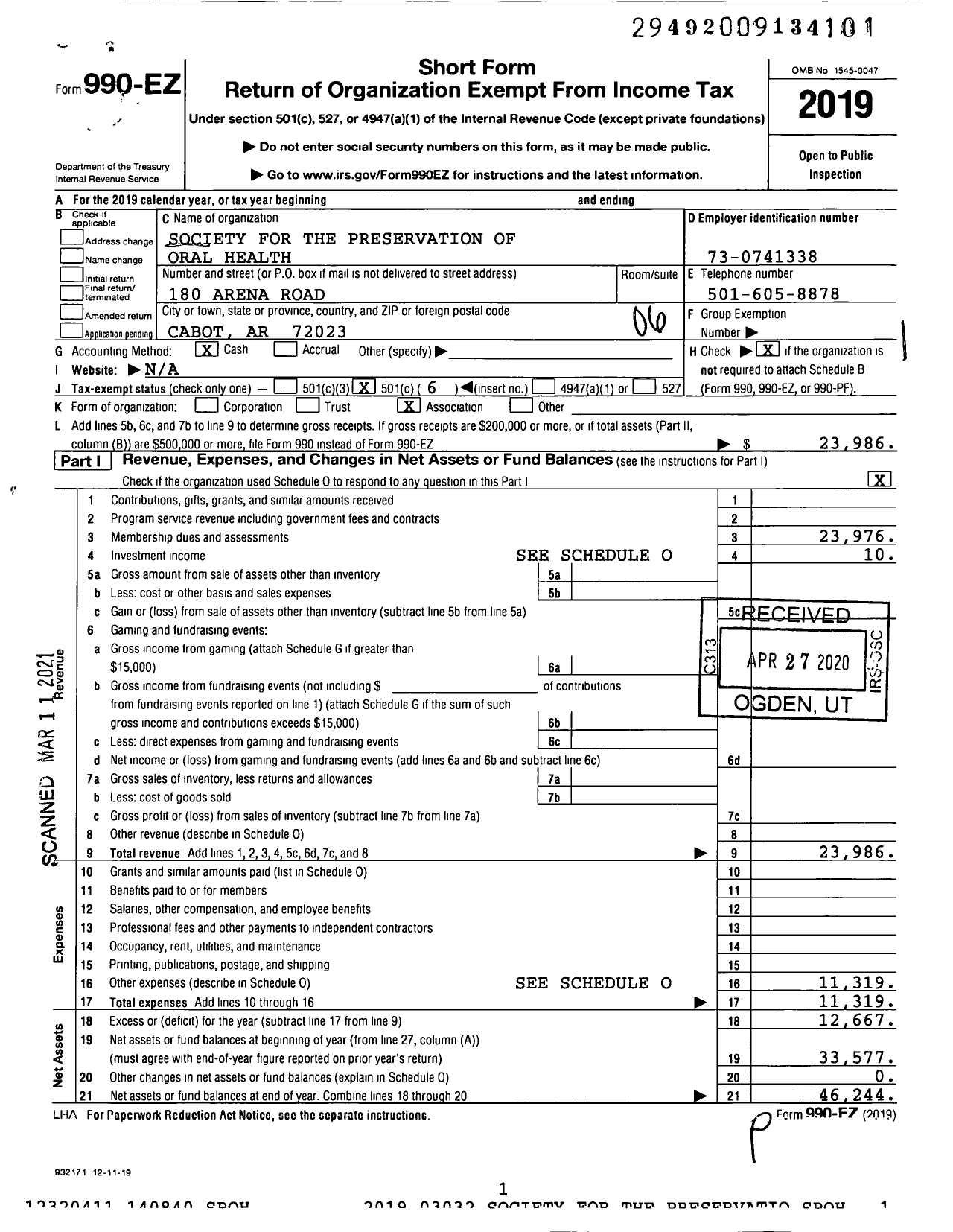 Image of first page of 2019 Form 990EO for Society for the Preservation of Oral Health