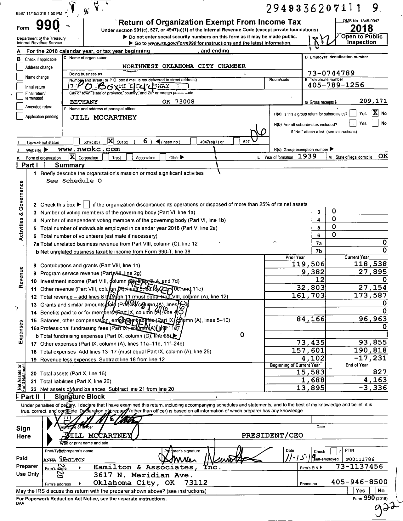 Image of first page of 2018 Form 990O for Northwest Oklahoma City Chamber