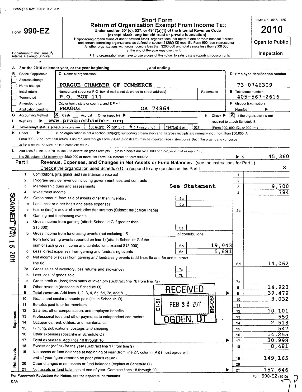 Image of first page of 2010 Form 990EO for Prague Chamber of Commerce