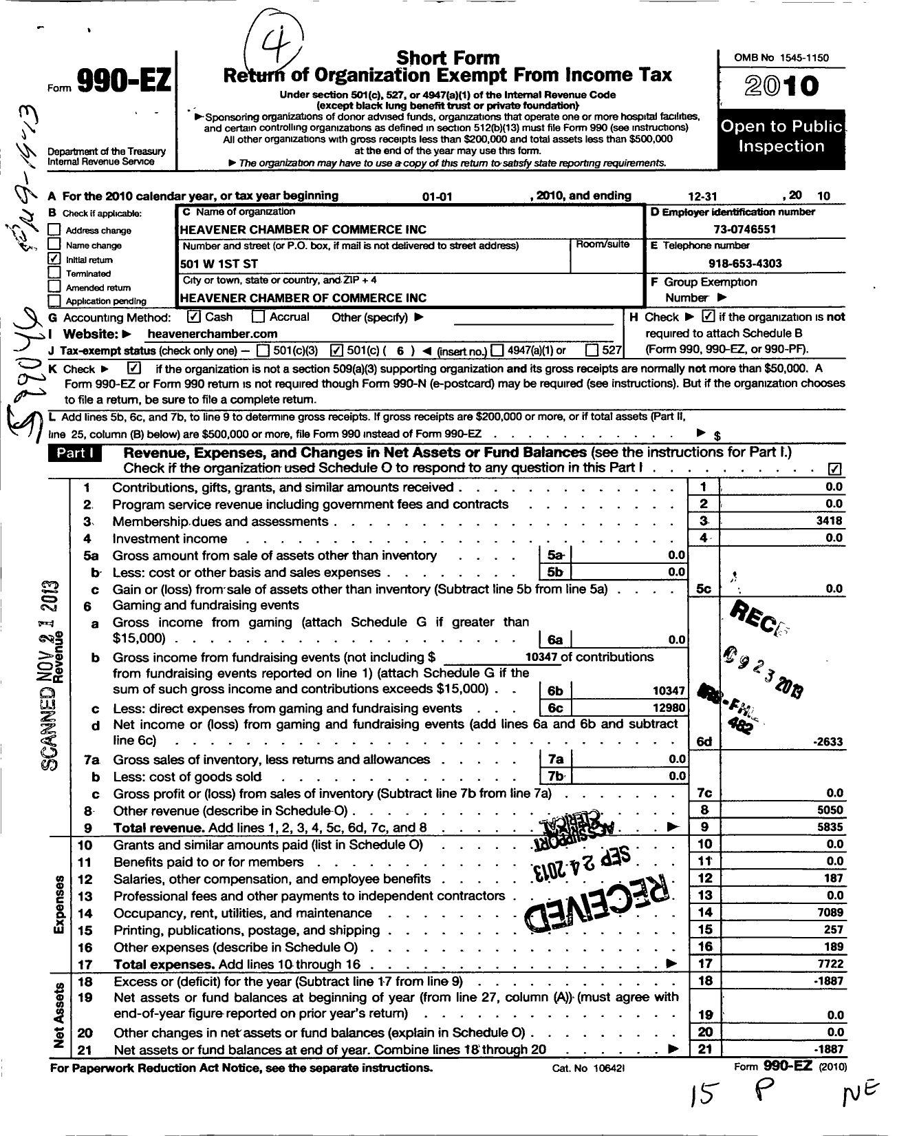 Image of first page of 2010 Form 990EO for Heavener Chamber of Commerce