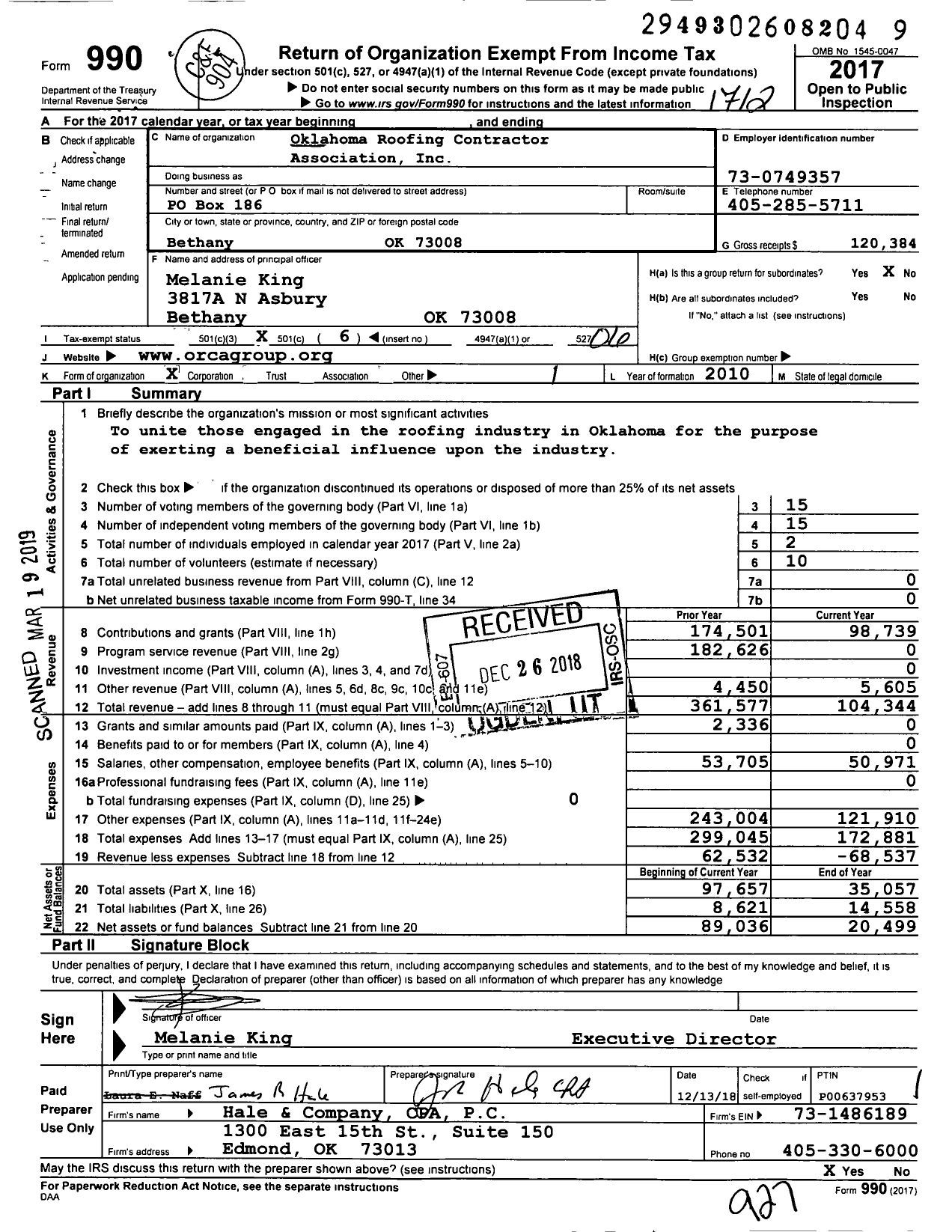 Image of first page of 2017 Form 990O for Oklahoma Roofing Contractors Association