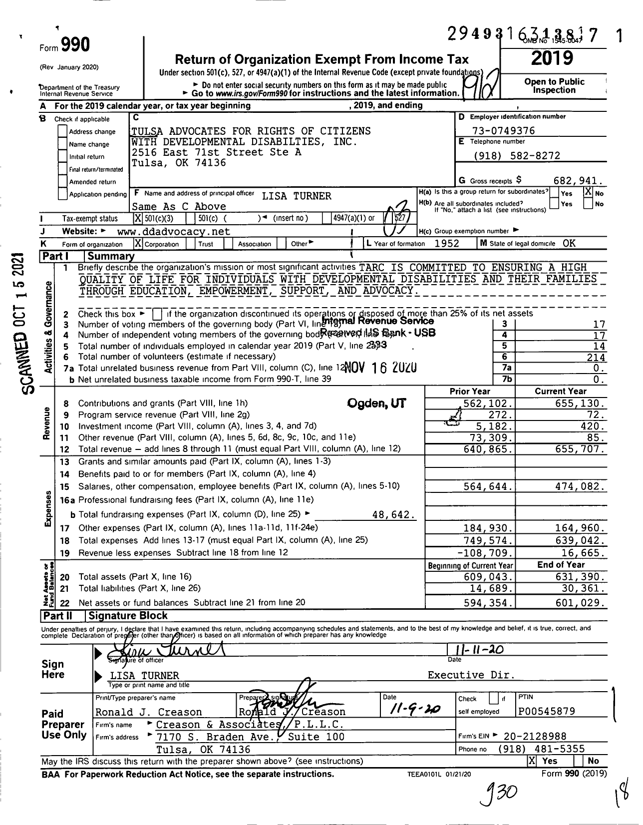 Image of first page of 2019 Form 990 for The Arc of Oklahoma