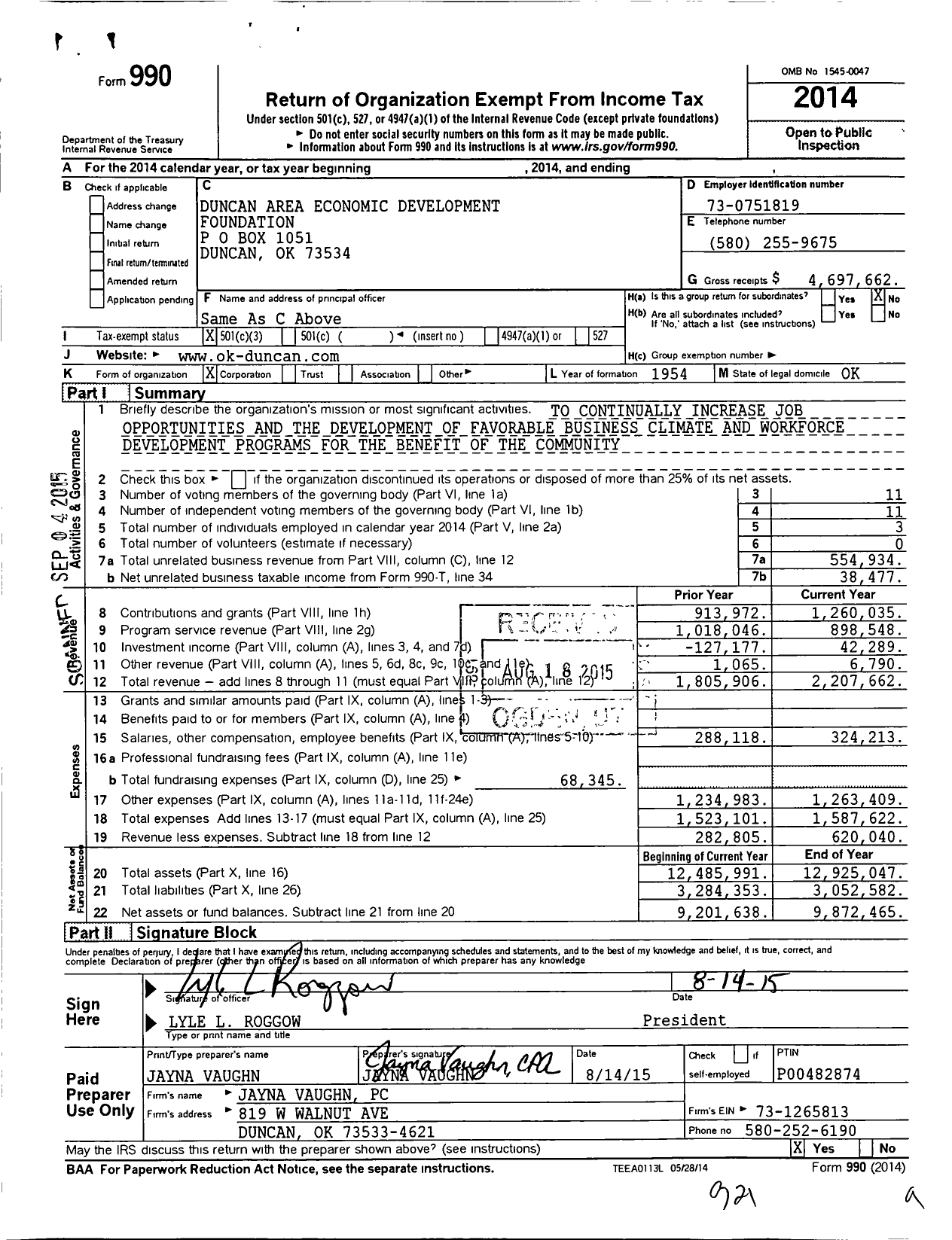 Image of first page of 2014 Form 990 for Duncan Area Economic Development Foundation (DAEDF)
