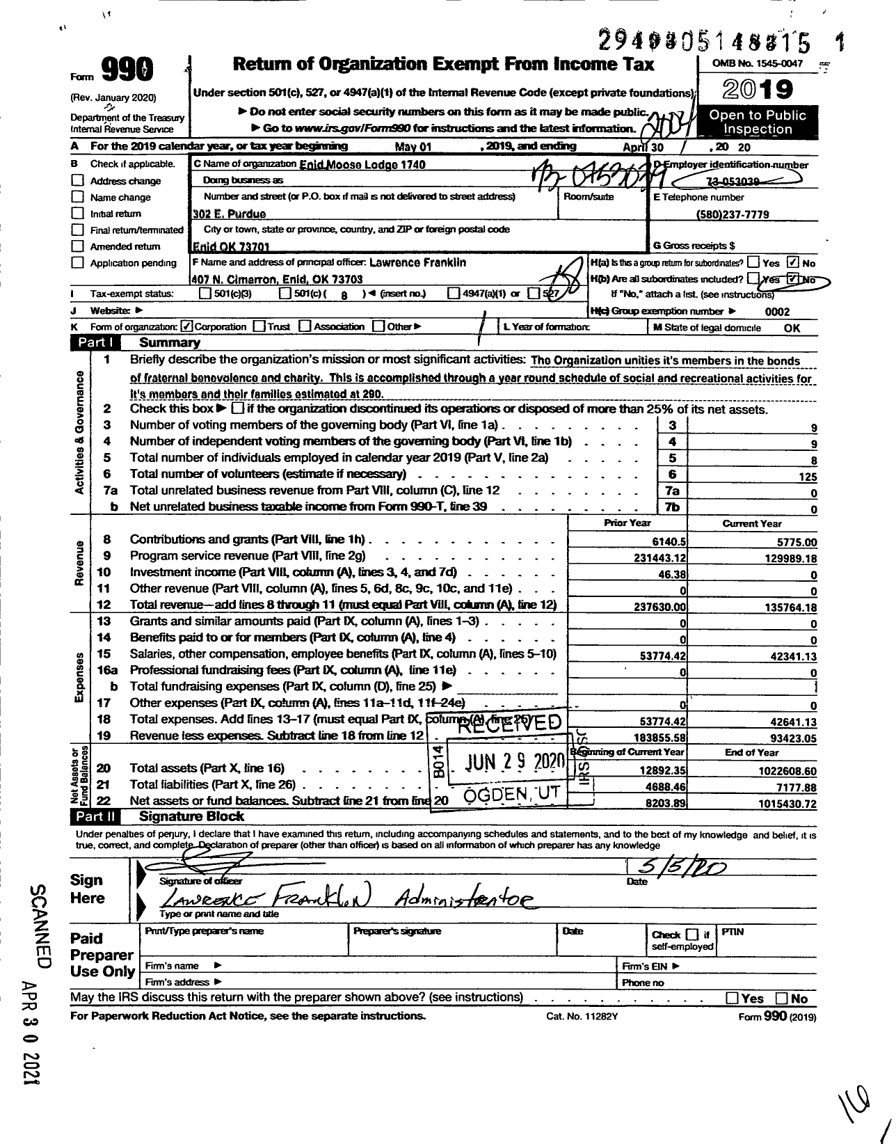 Image of first page of 2019 Form 990O for Loyal Order of Moose - 1740