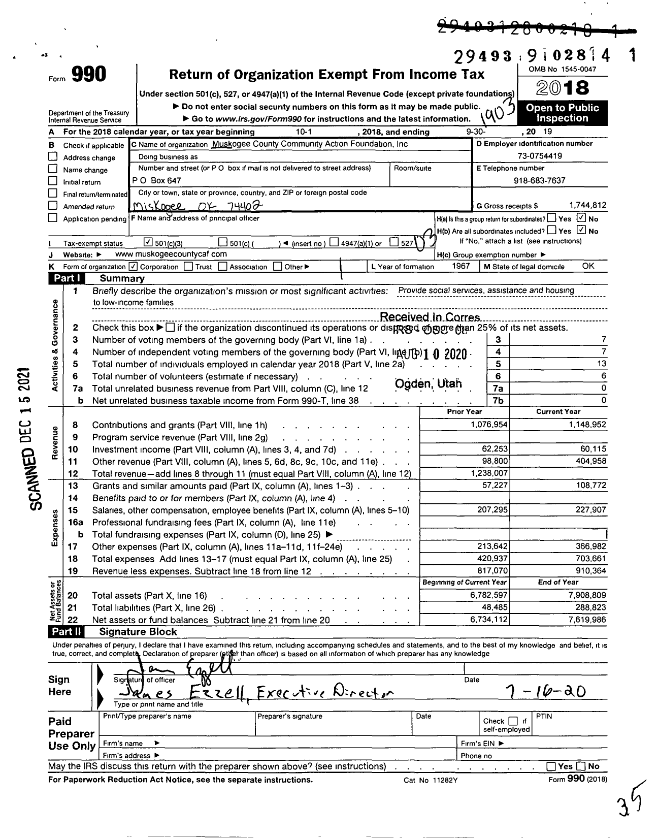 Image of first page of 2018 Form 990 for Muskogee County Community Action Foundation