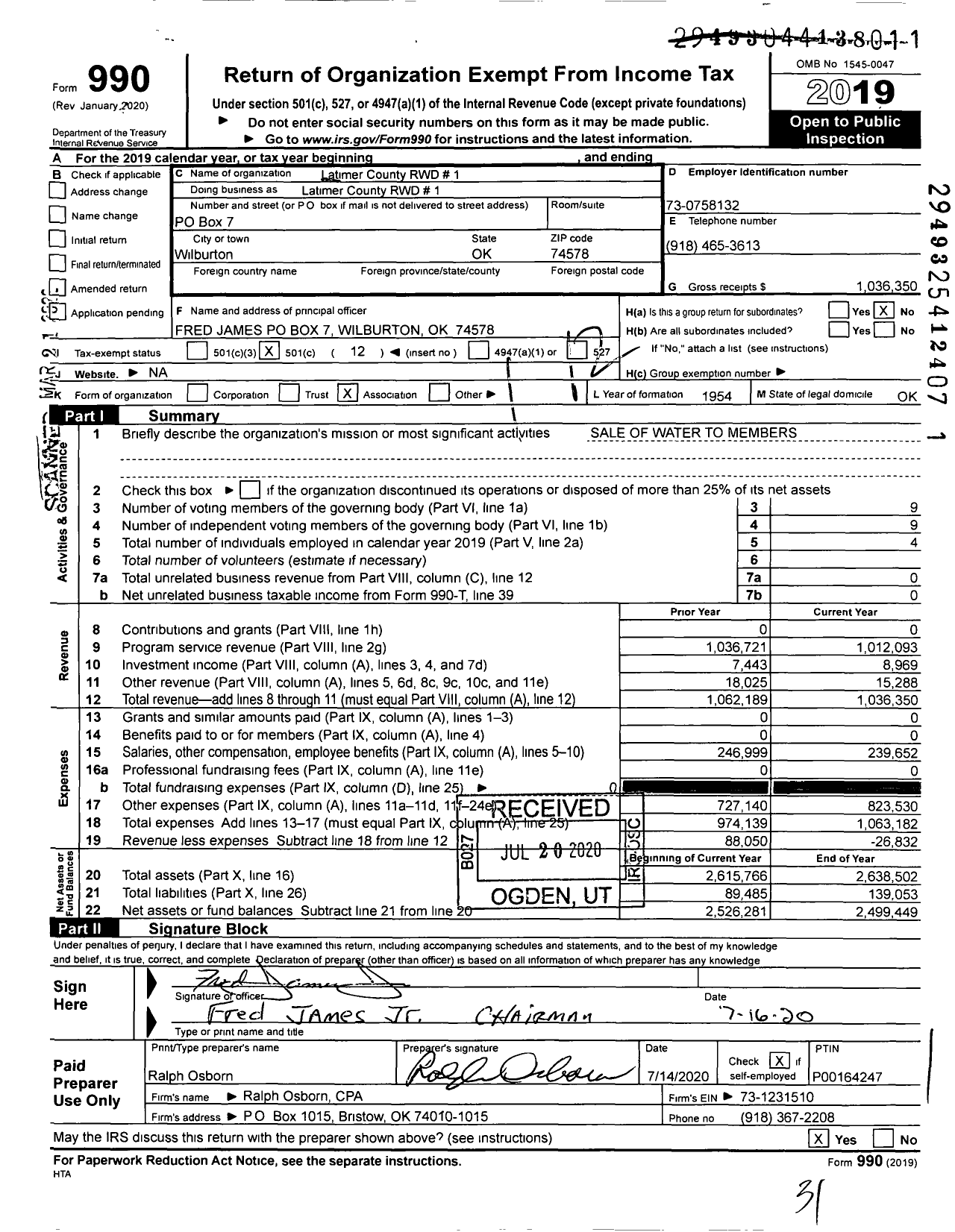 Image of first page of 2019 Form 990O for Rural Water District No 1