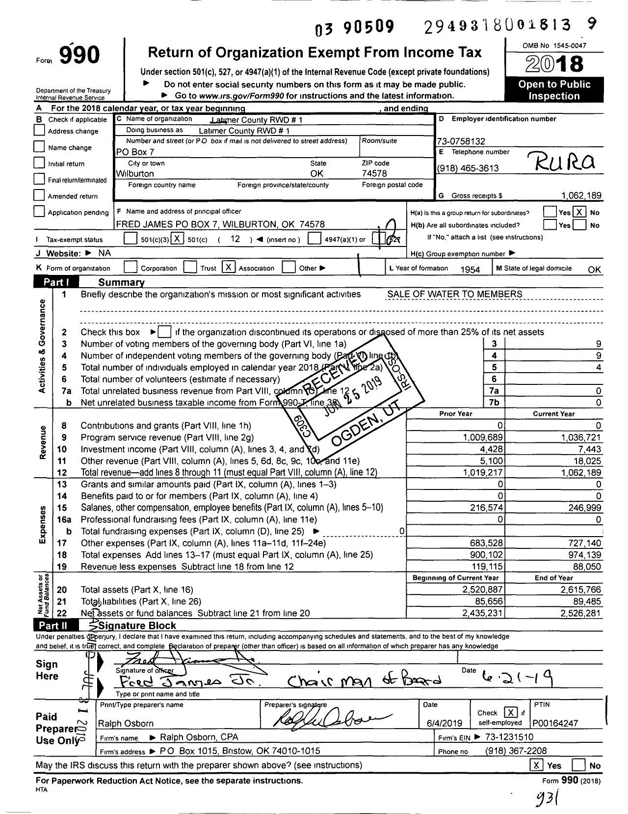 Image of first page of 2018 Form 990O for Rural Water District No 1