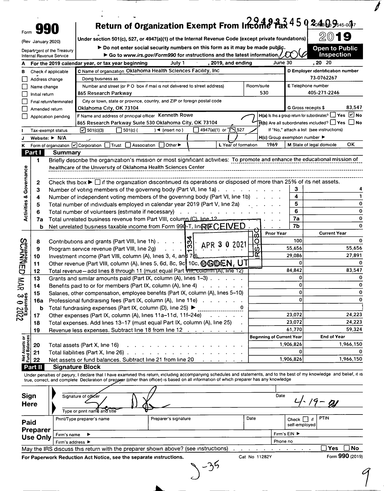 Image of first page of 2019 Form 990 for Oklahoma Health Sciences Facility