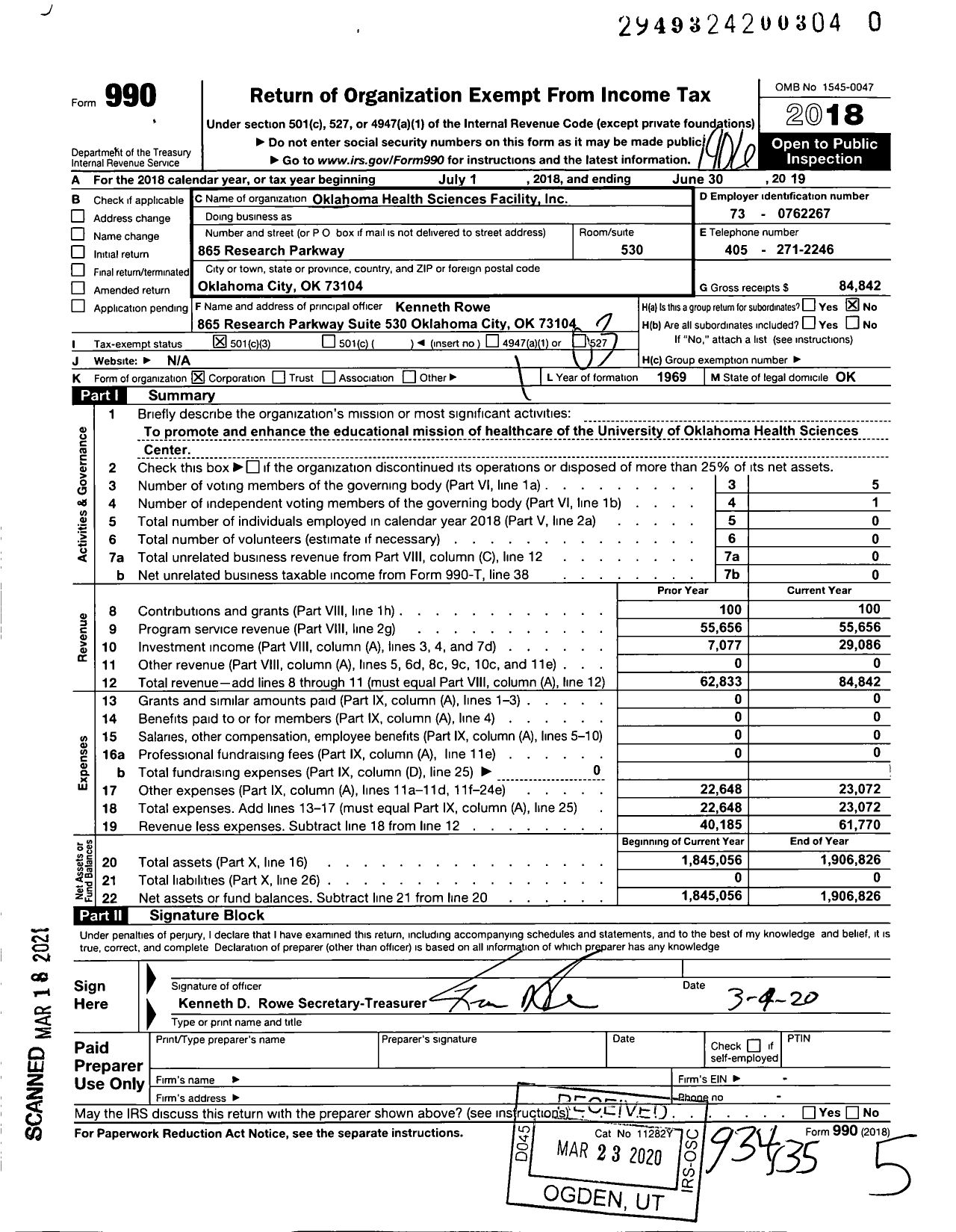 Image of first page of 2018 Form 990 for Oklahoma Health Sciences Facility