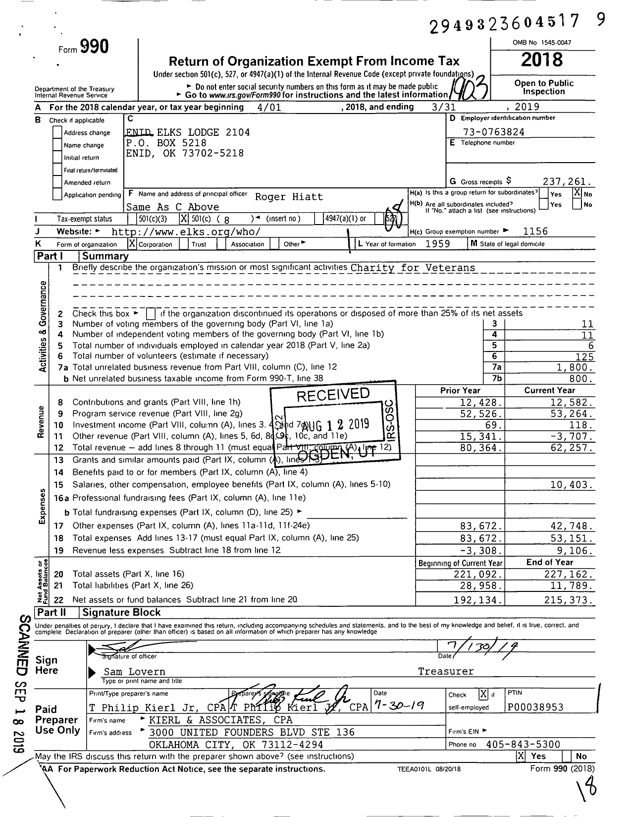 Image of first page of 2018 Form 990O for Benevolent and Protective Order of Elks - 2104 Enid