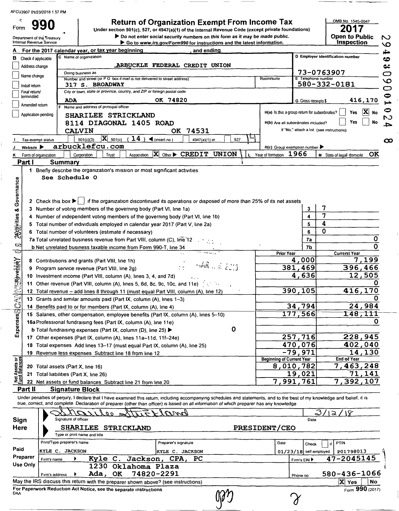Image of first page of 2017 Form 990O for Arbuckle Federal Credit Union